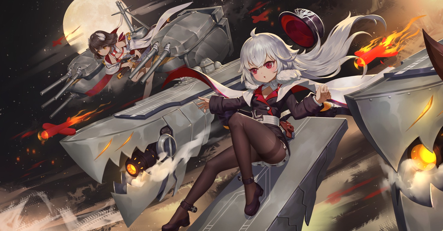 azur_lane, graf_zeppelin_(azur_lane), heels, hiei-chan_(azur_lane), hiei_(azur_lane), horns, japanese_clothes, pantyhose