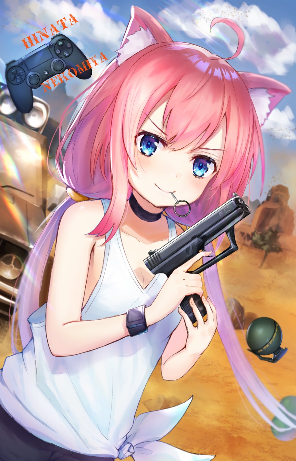 animal_ears, cleavage, gun, hinata_channel, nekomimi, nekomiya_hinata, no_bra, omelet_tomato