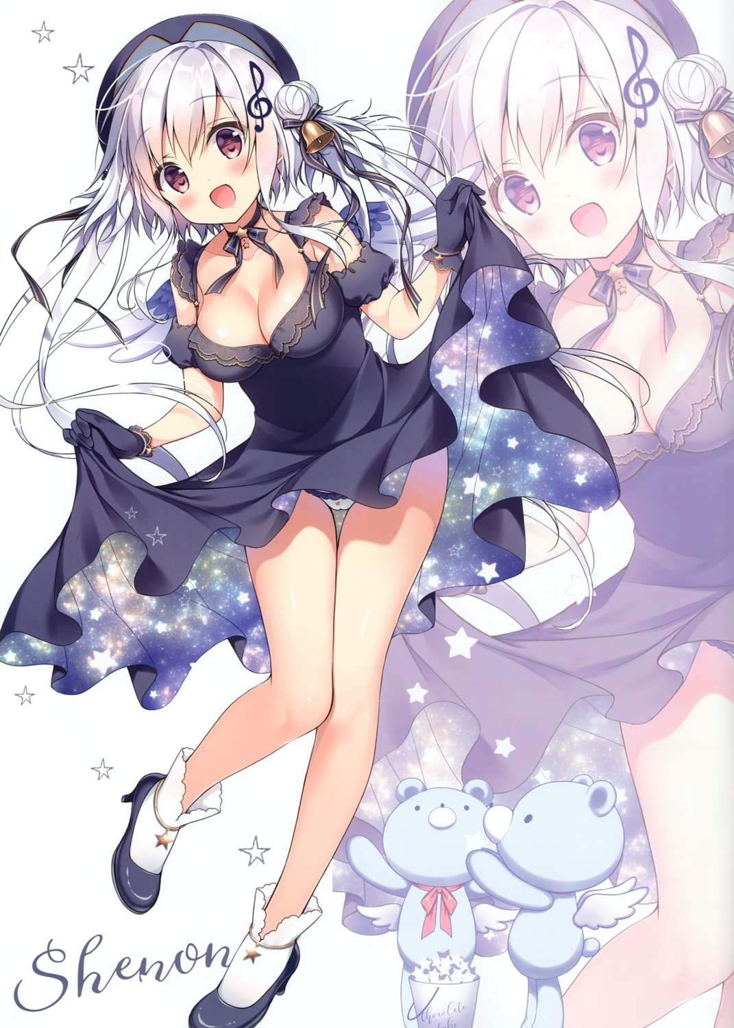 chocolate_cube, cleavage, dress, heels, miwa_futaba, pantsu, skirt_lift