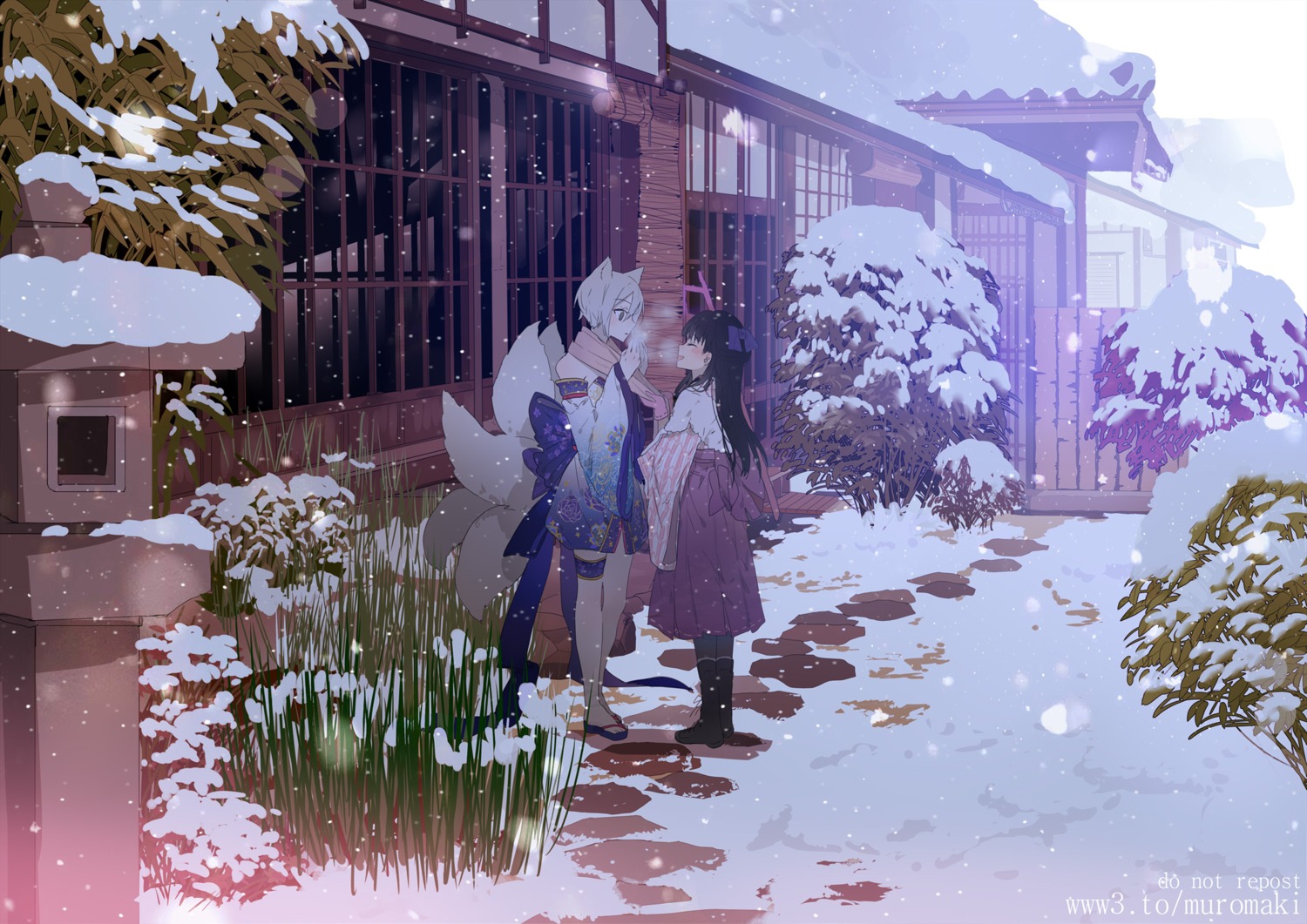 animal_ears, garter, heels, japanese_clothes, kitsune, kobayakawa_sae, landscape, muromaki, shiomi_shuuko, tail, the_idolm@ster, the_idolm@ster_cinderella_girls