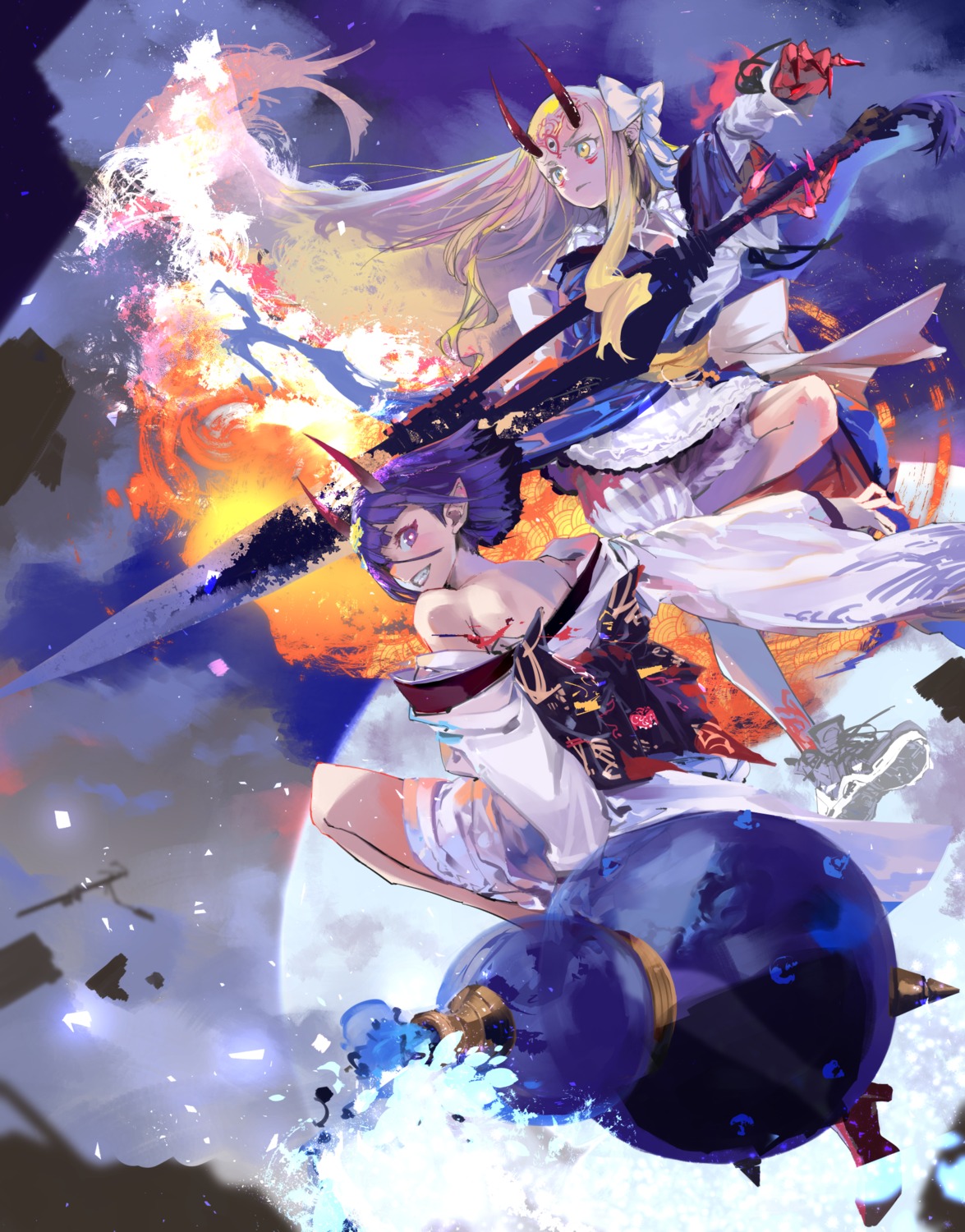 fate/grand_order, horns, ibaraki_douji_(fate), japanese_clothes, kanase_bench, pointy_ears, shuten_douji_(fate), tattoo