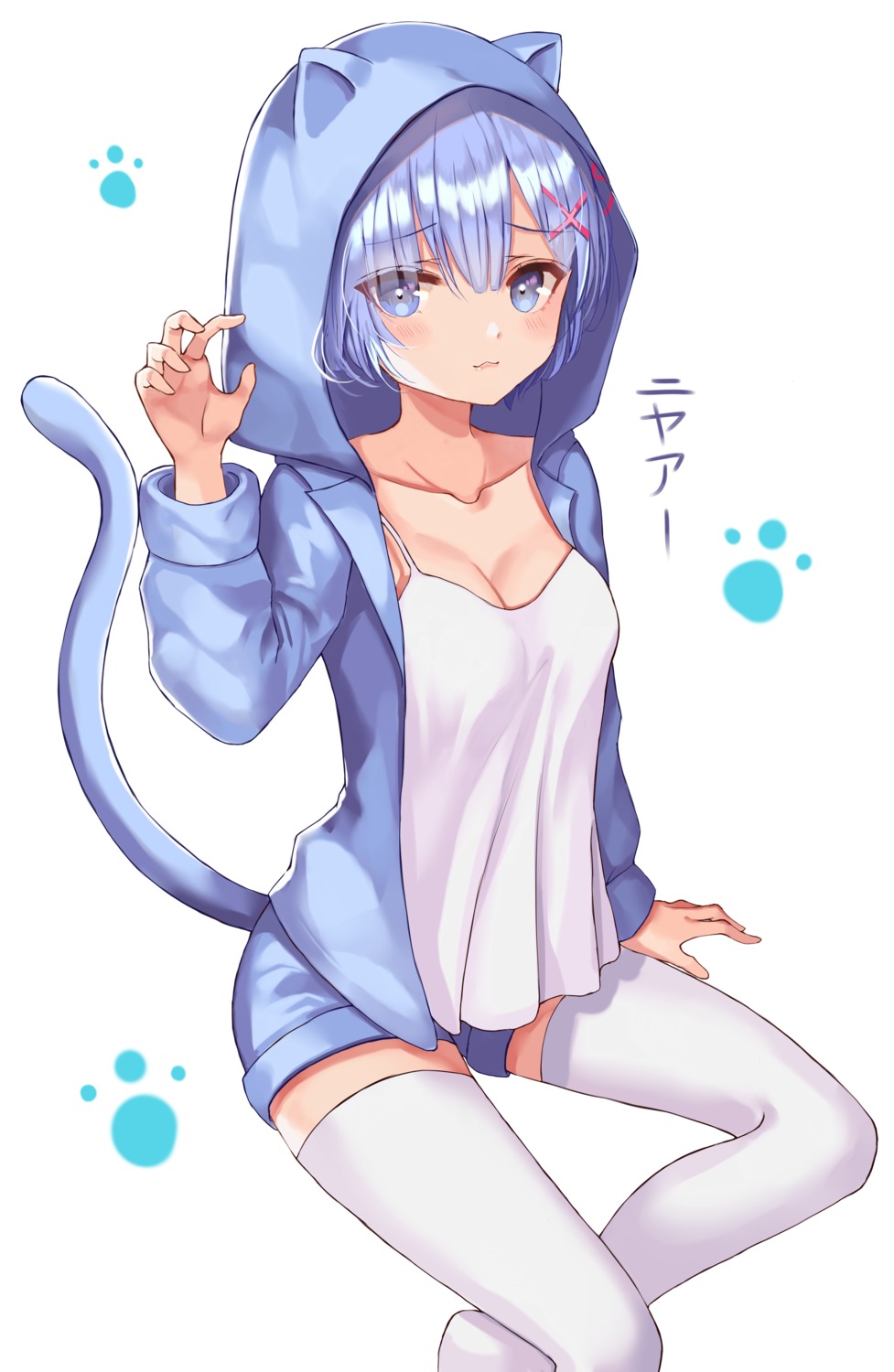 animal_ears, cleavage, pajama, re:zero_kara_hajimeru_isekai_seikatsu, rem_(re_zero), shaffelli, tail, thighhighs