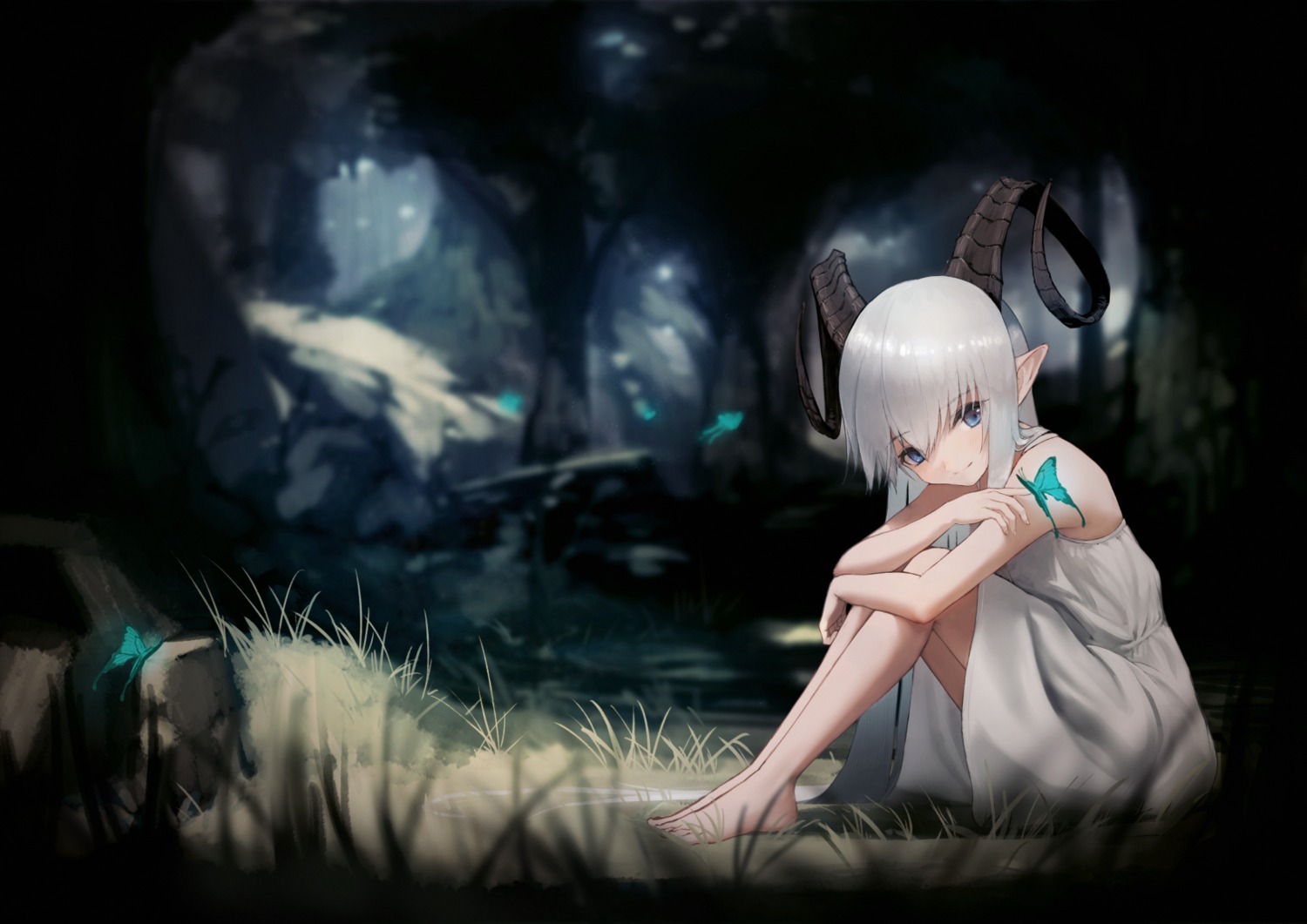 dress, hara_shoutarou, horns, landscape, pointy_ears
