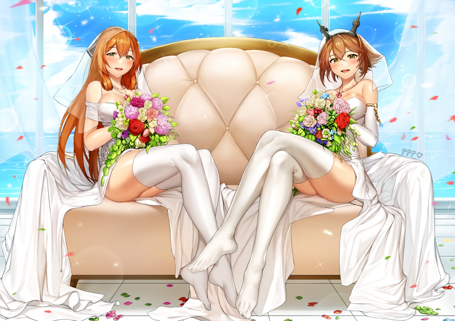 cleavage, crossover, dress, girls_frontline, jai_(whany1998), kantai_collection, mutsu_(kancolle), skirt_lift, springfield_(girls_frontline), thighhighs, wedding_dress