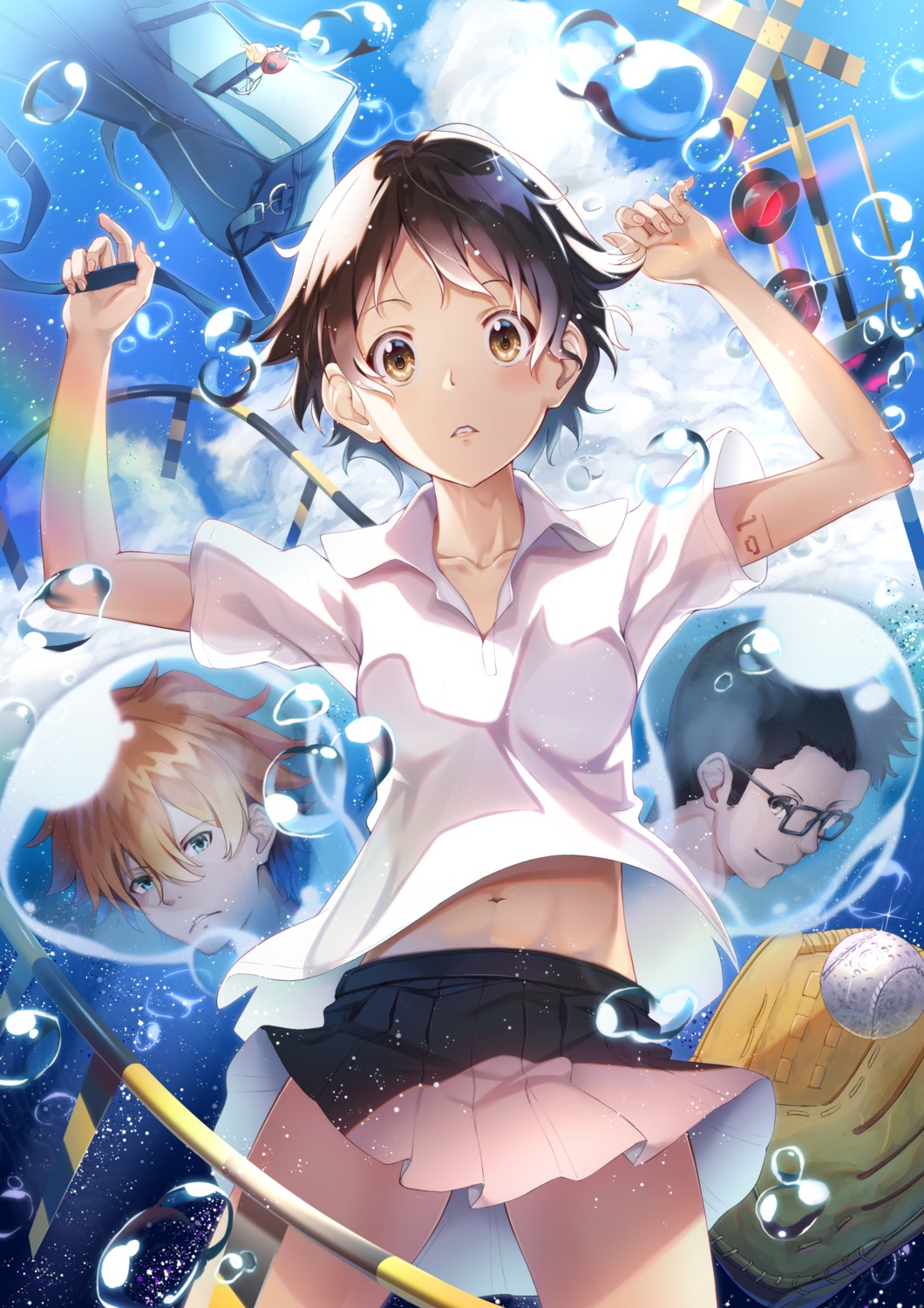 baseball, konno_makoto, megane, see_through, seifuku, skirt_lift, tagme, tattoo