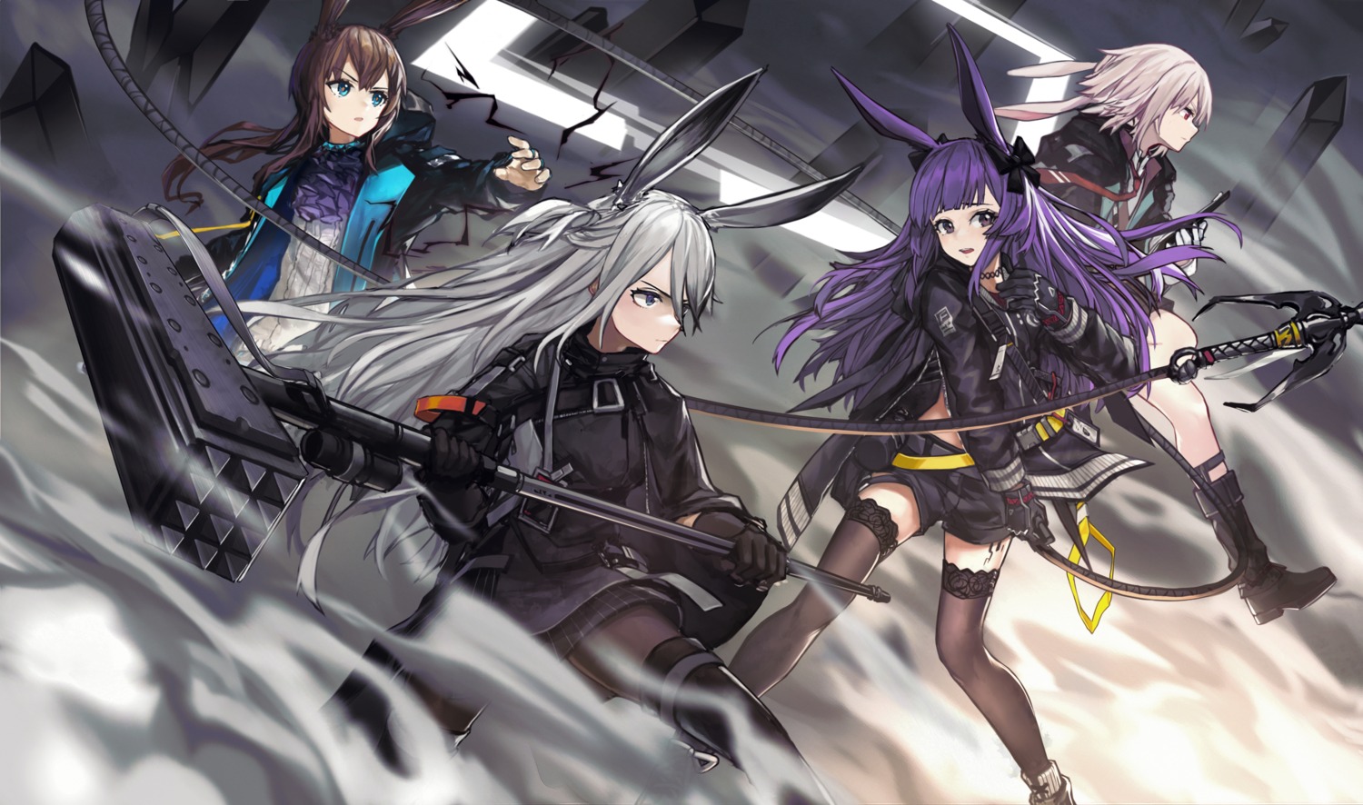 amiya_(arknights), animal_ears, ansel_(arknights), arknights, bunny_ears, garter, heels, pantyhose, rope_(arknights), savage_(arknights), thighhighs, weapon, wu_lun_wujin