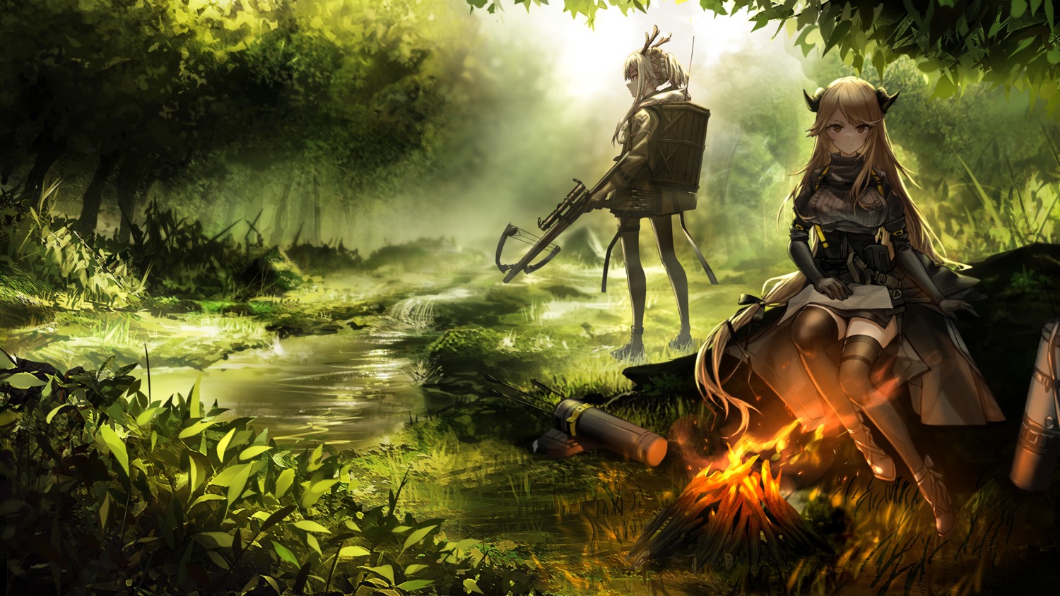 arknights, firewatch_(arknights), garter, heels, horns, landscape, meteorite_(arknights), pantyhose, thighhighs, wallpaper, weapon, wu_lun_wujin