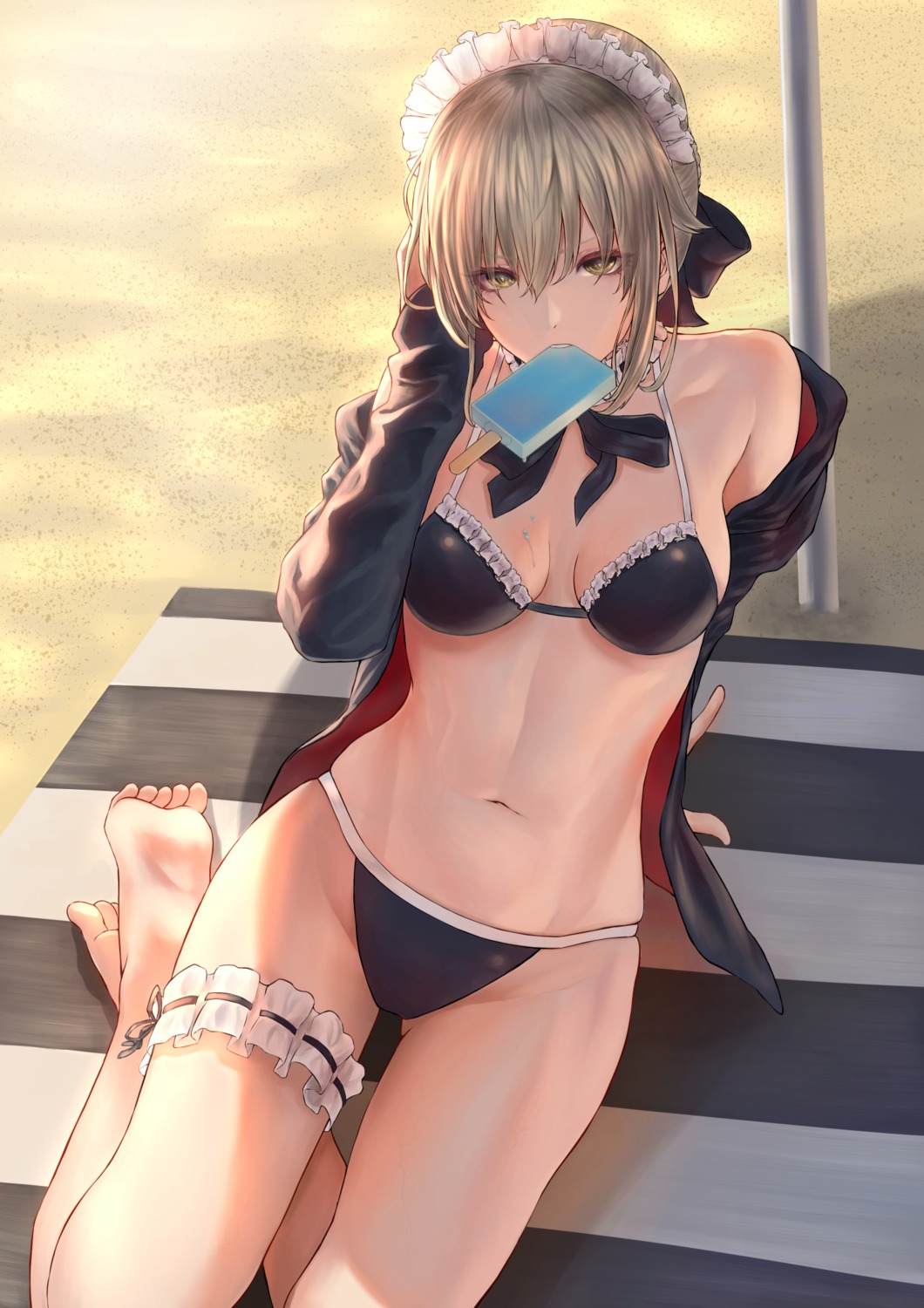 artoria_pendragon_(fate), artoria_pendragon_alter_(fate), bikini, cleavage, fate/grand_order, garter, maid, mugetsu, open_shirt, swimsuits