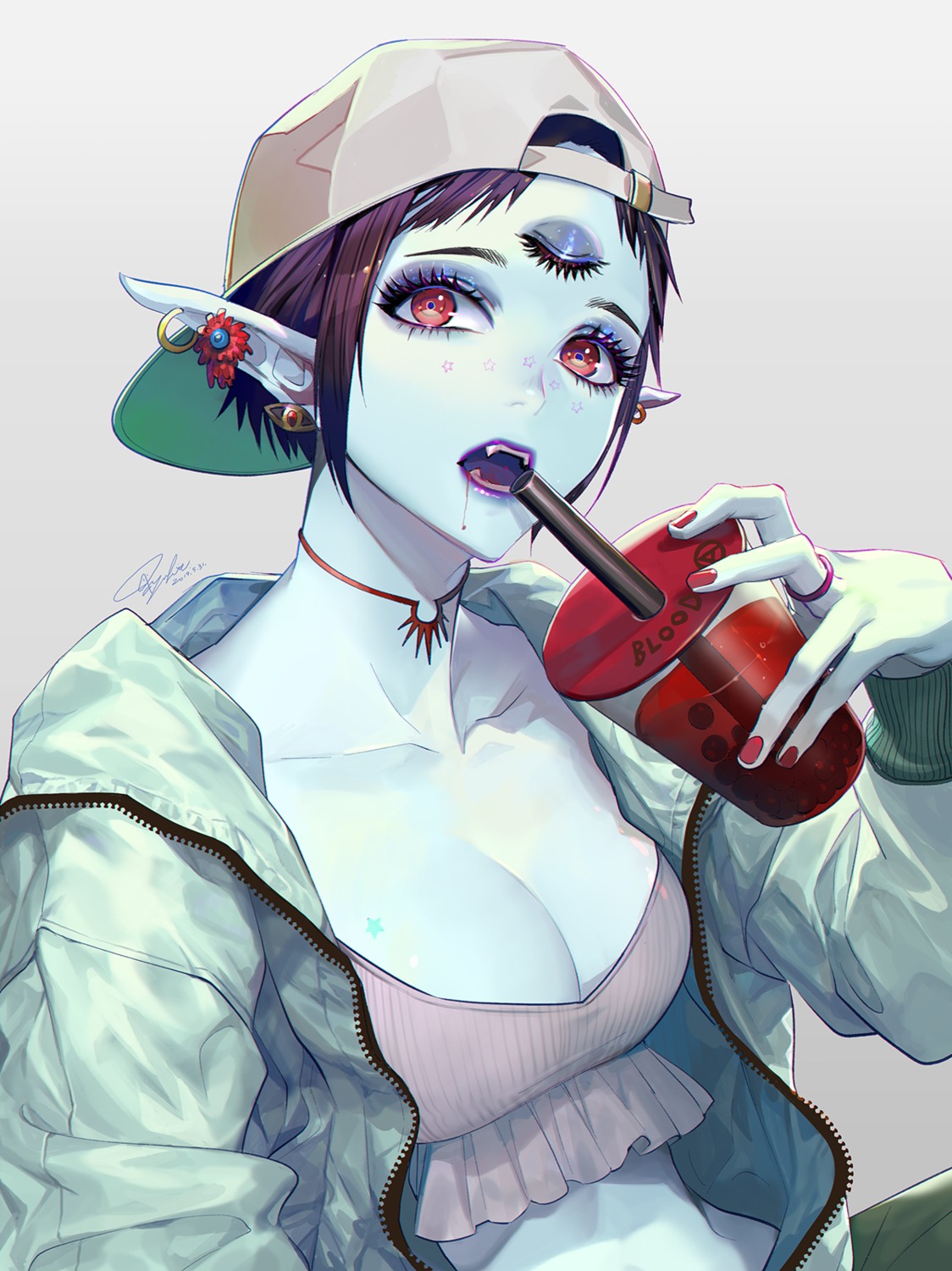 blood, cleavage, pointy_ears, tajima_yukie, tattoo
