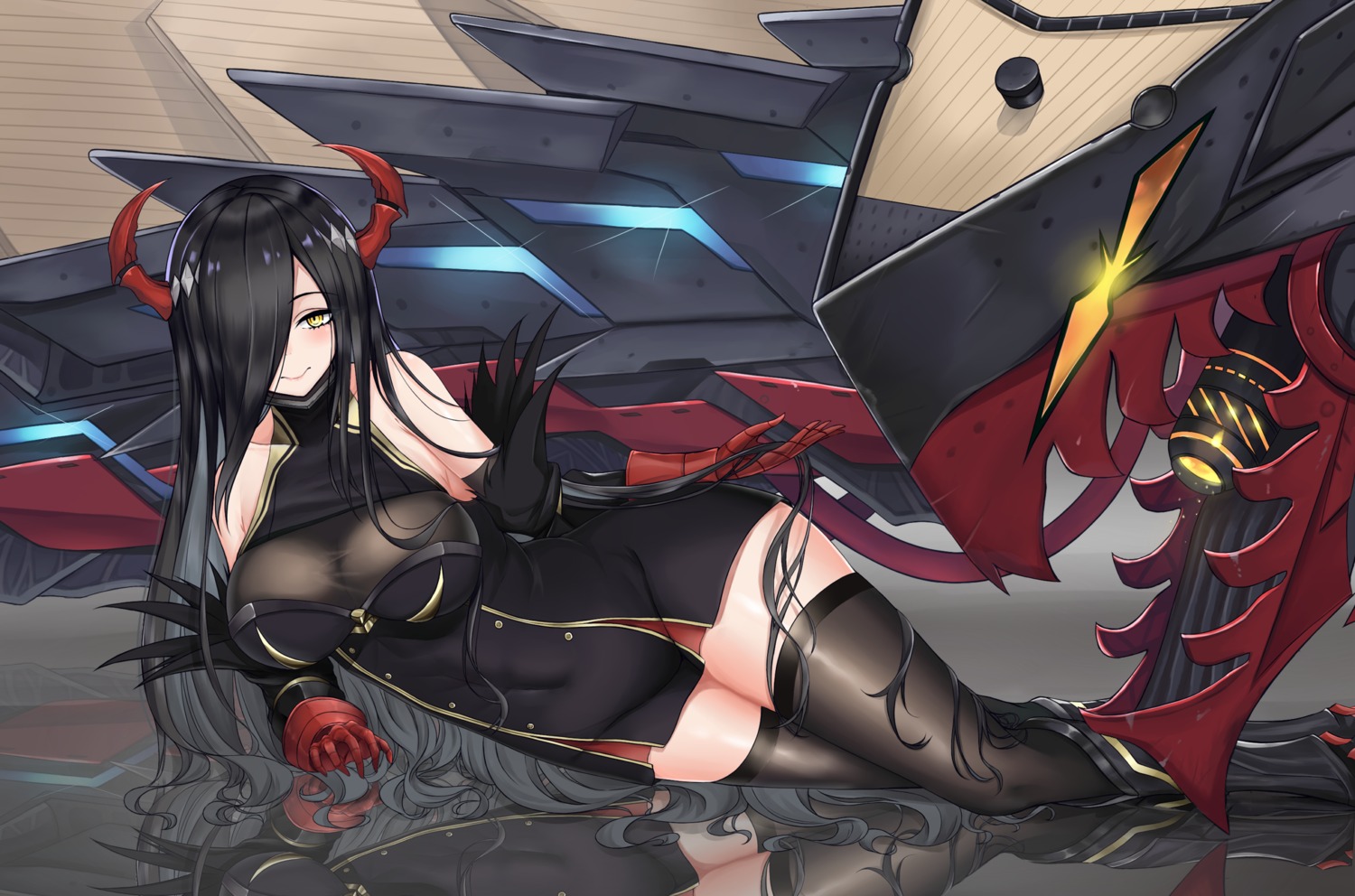 azur_lane, friedrich_der_grosse_(azur_lane), horns, minoshi, see_through, thighhighs