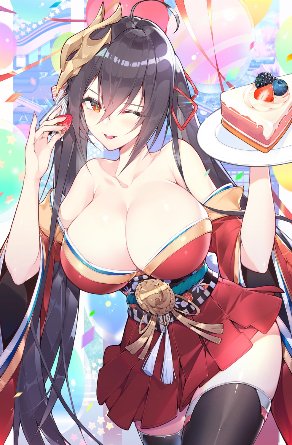 azur_lane, calder, cleavage, japanese_clothes, no_bra, taihou_(azur_lane), thighhighs