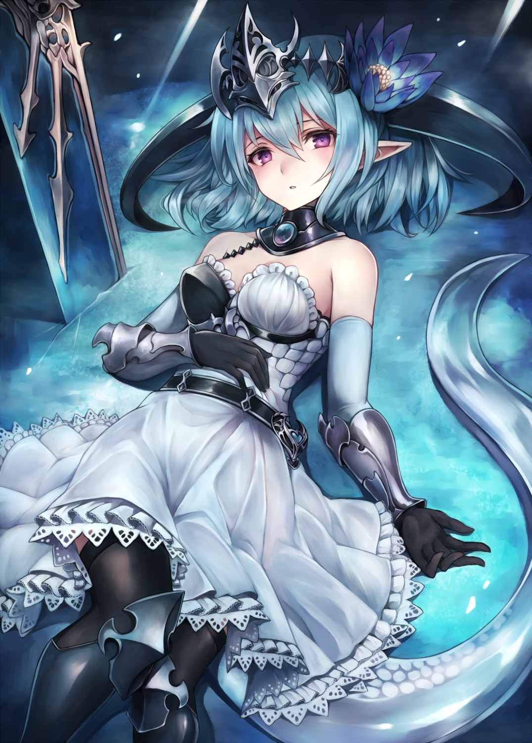 armor, dress, pointy_ears, shadowverse, snm_(sunimi), tail, thighhighs, whitefrost_dragonewt_filene