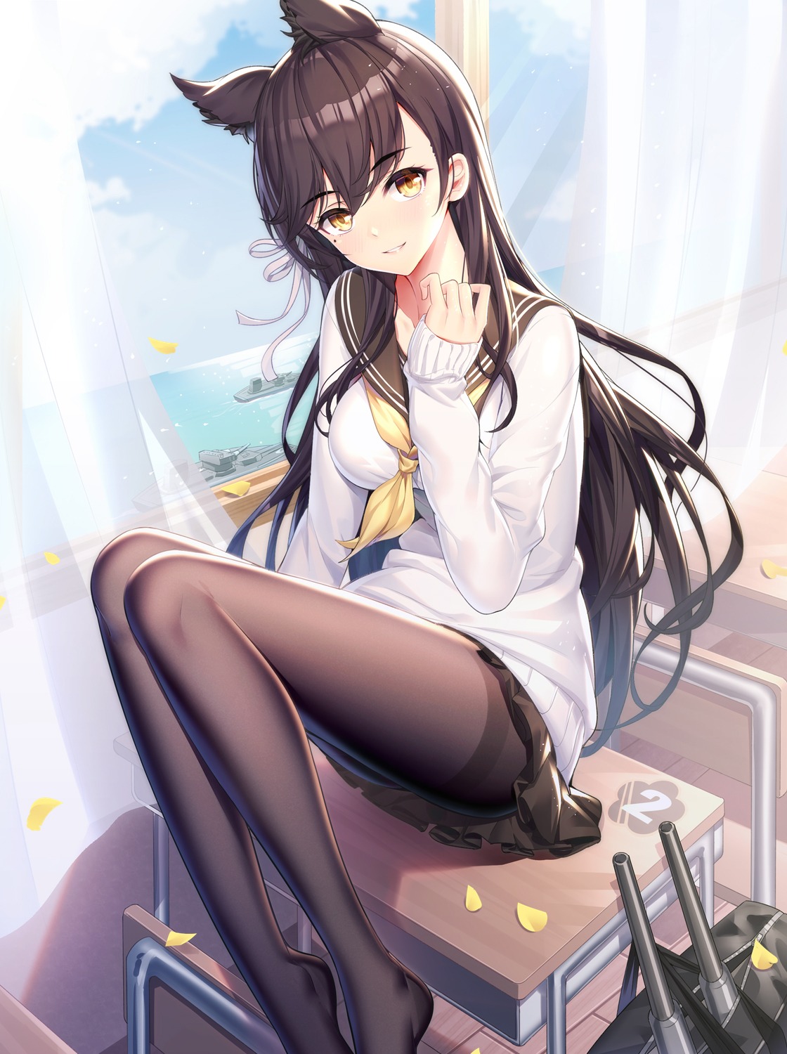 animal_ears, atago_(azur_lane), azur_lane, pantyhose, ririko_(zhuoyandesailaer), seifuku, sweater