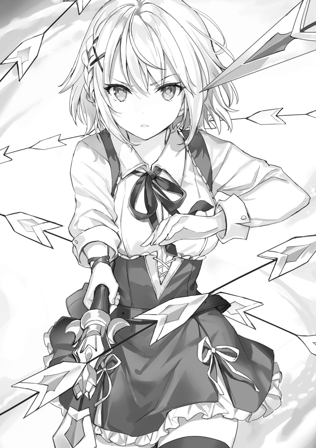 last_embryo, momoko_(momopoco), mondaiji_tachi_ga_isekai_kara_kuru_sou_desu_yo?, monochrome, seifuku, thighhighs, weapon