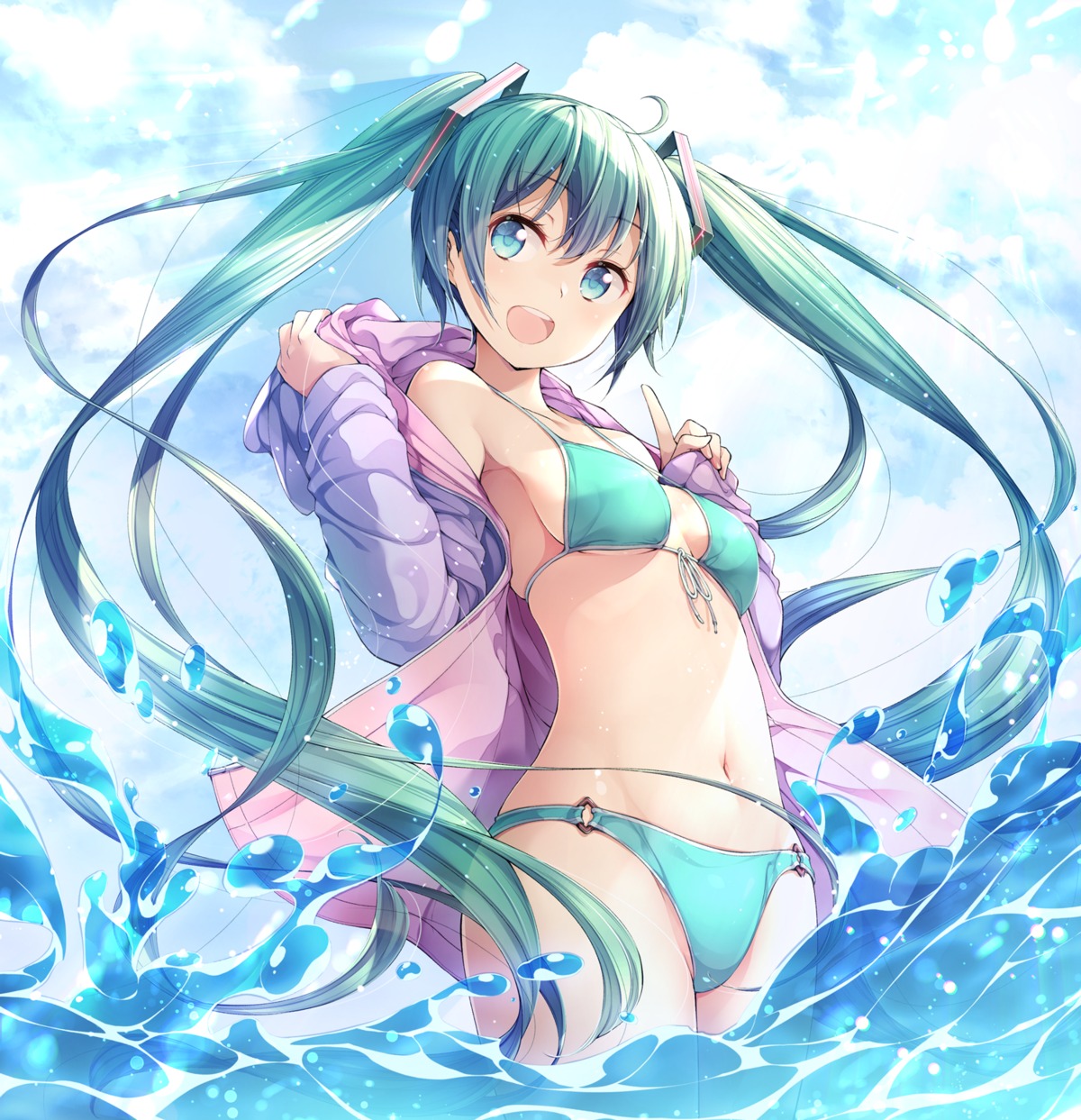 artist_revision, bikini, cleavage, hatsune_miku, matsuuni, open_shirt, swimsuits, undressing, vocaloid, wet