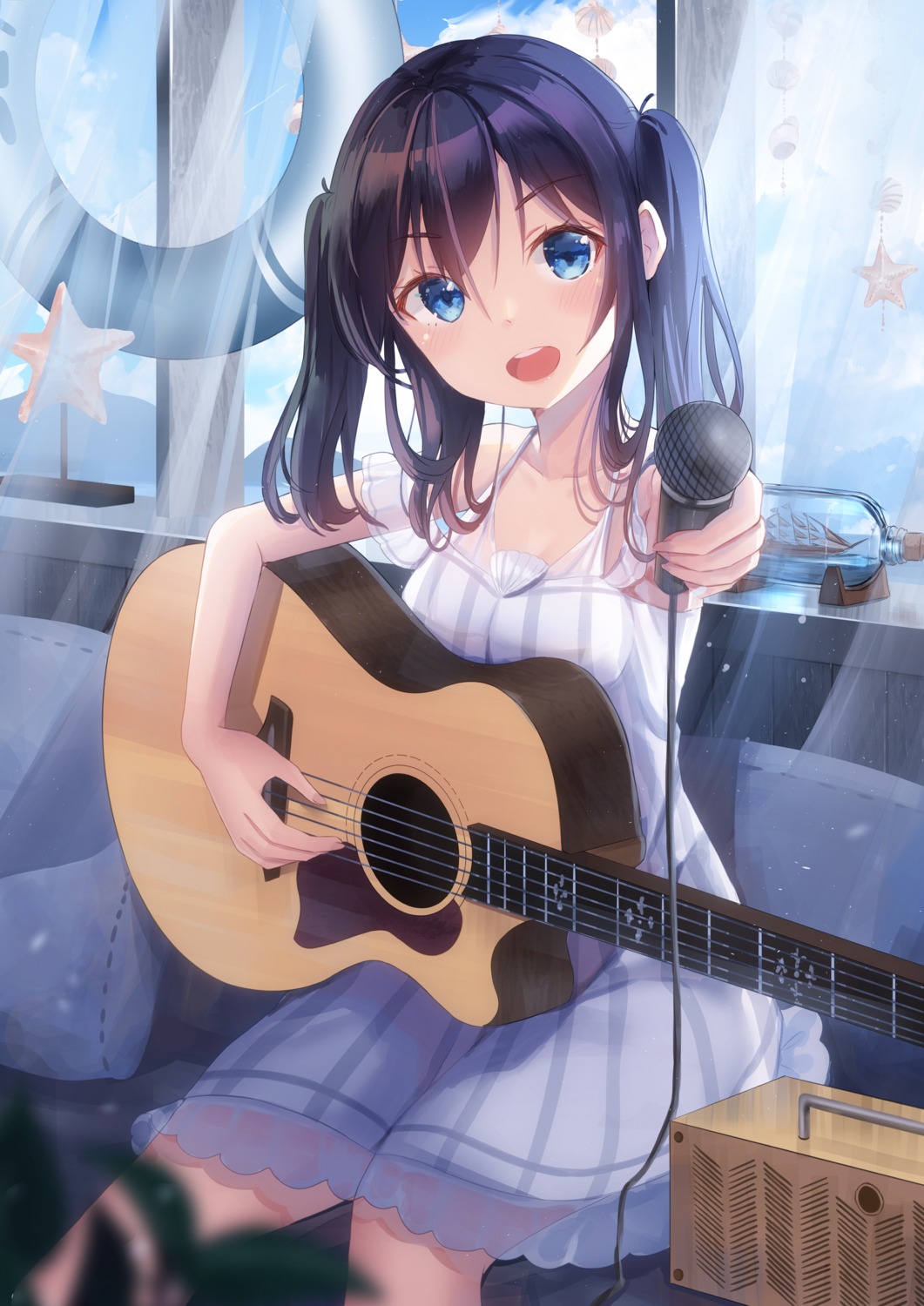 cleavage, dress, guitar, holmemee, see_through