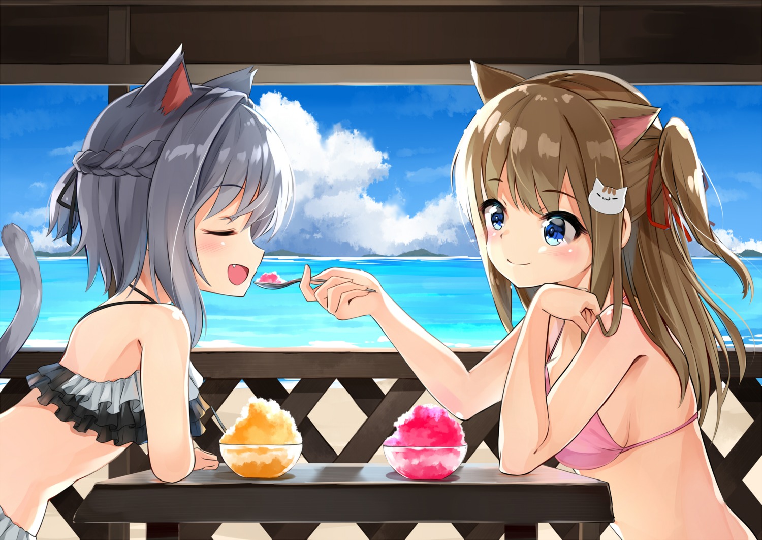 animal_ears, bikini, nekomimi, sora_(silent_square), swimsuits, tail