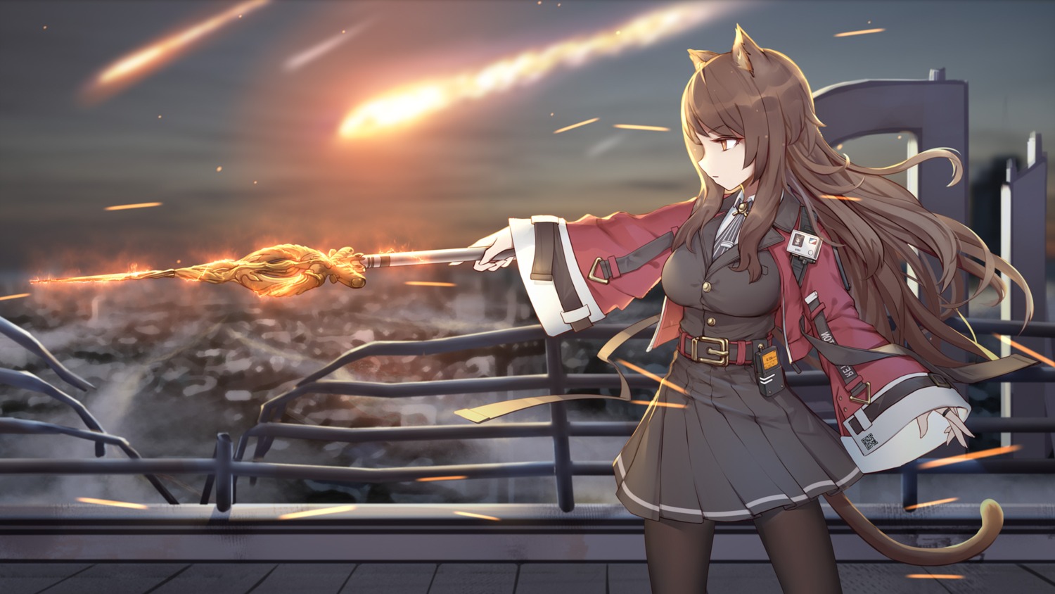 animal_ears, arknights, liu_lan, nekomimi, pantyhose, skyfire_(arknights), tail, uniform