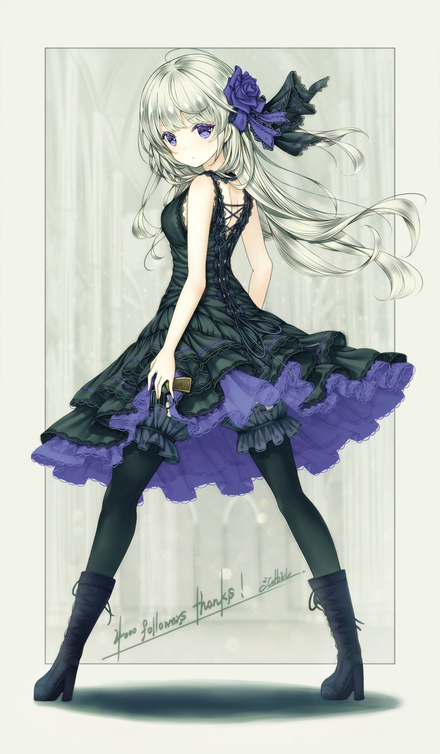 catbell, dress, garter, gun, heels, thighhighs