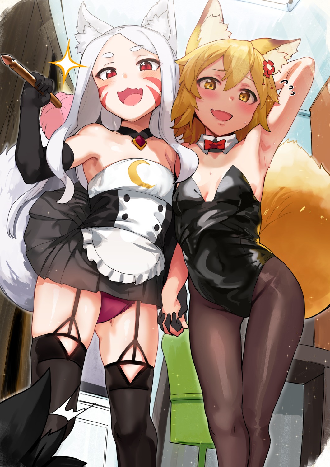 animal_ears, cleavage, hews, kitsune, leotard, maid, pantsu, pantyhose, senko-san, sewayaki_kitsune_no_senko-san, shiro_(sewayaki_kitsune_no_senko-san), skirt_lift, stockings, tail, thighhighs
