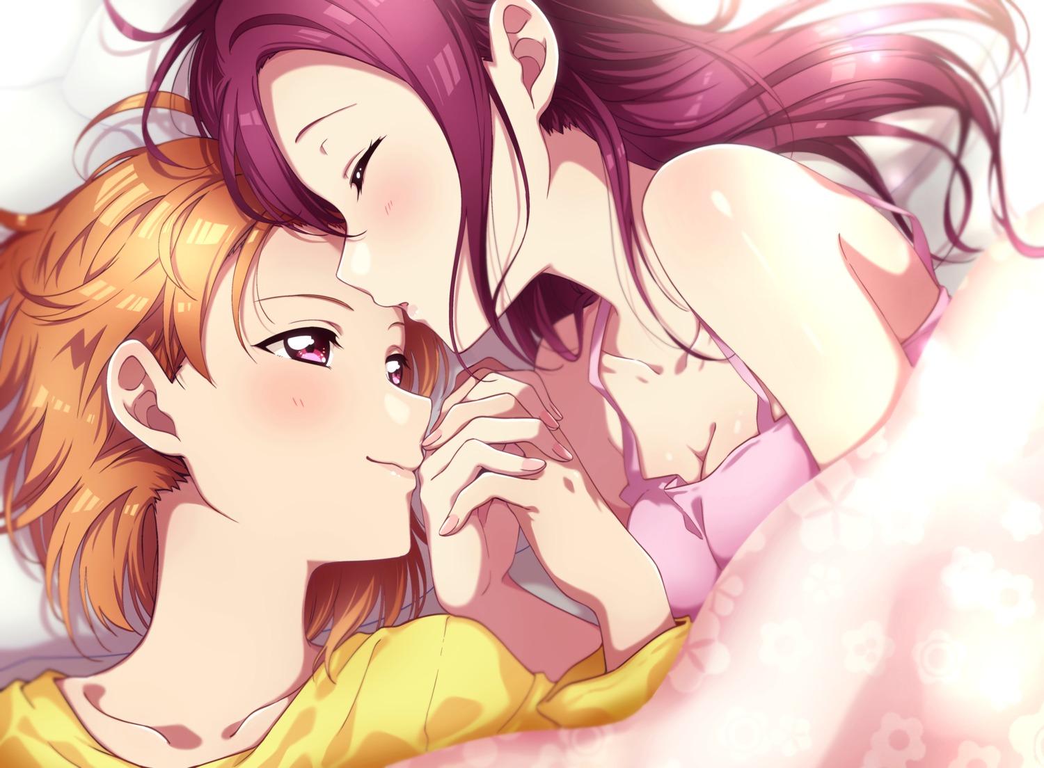 cleavage, kougi_hiroshi, love_live!_(series), love_live!_sunshine!!, sakurauchi_riko, sheets, takami_chika, yuri