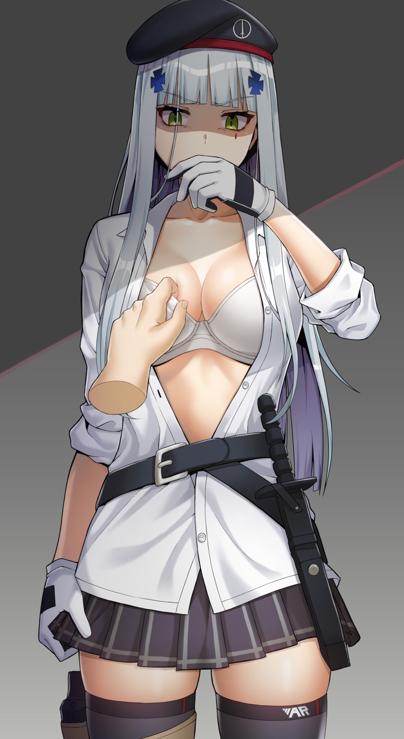 bra, cleavage, girls_frontline, hk416_(girls_frontline), open_shirt, s-goon, thighhighs, weapon