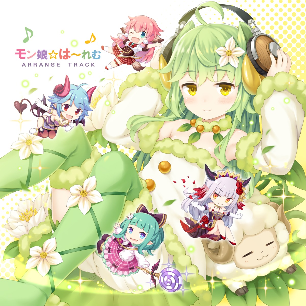 animal_ears, asatsuki_(monmusu_harem), chibi, cleavage, disc_cover, dress, garter, headphones, horns, monmusu_harem, namaru_(summer_dandy), tail, wings