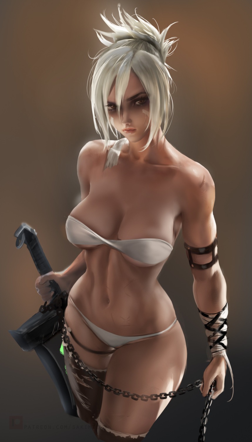 bikini, cleavage, league_of_legends, riven_(league_of_legends), sakimichan, swimsuits, sword, thighhighs, torn_clothes