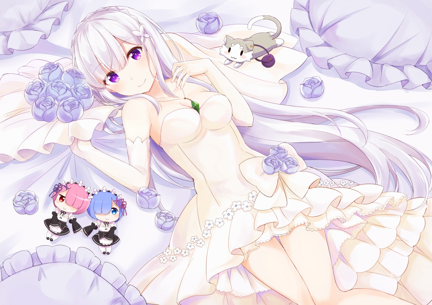 chibi, cleavage, dress, emilia_(re_zero), maid, neko, nemu_mohu, pack_(re_zero), ram_(re_zero), re:zero_kara_hajimeru_isekai_seikatsu, rem_(re_zero)