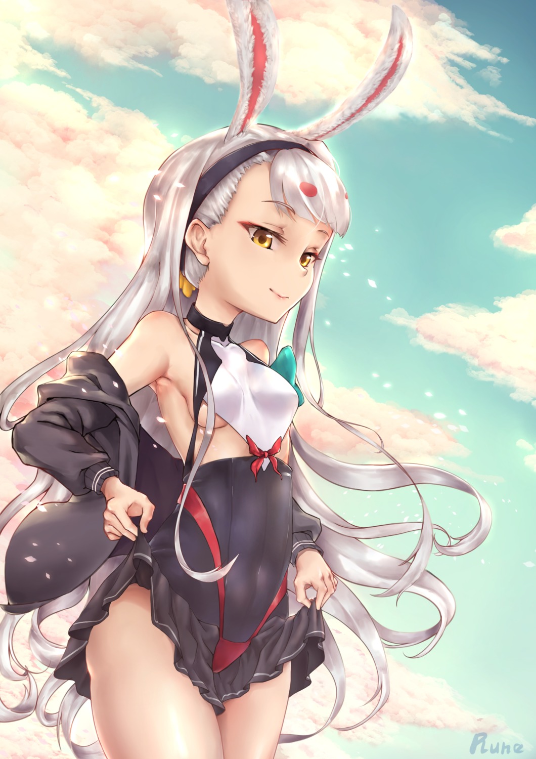 animal_ears, azur_lane, azur_lane_crosswave, bunny_ears, lunerune, no_bra, shimakaze_(azur_lane), skirt_lift