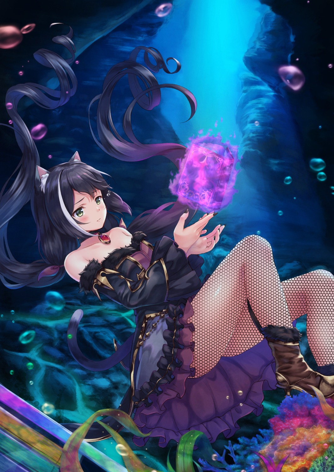 animal_ears, dress, fishnets, karyl_(princess_connect), pantyhose, princess_connect!, princess_connect!_re:dive, tail, yuririn_poi