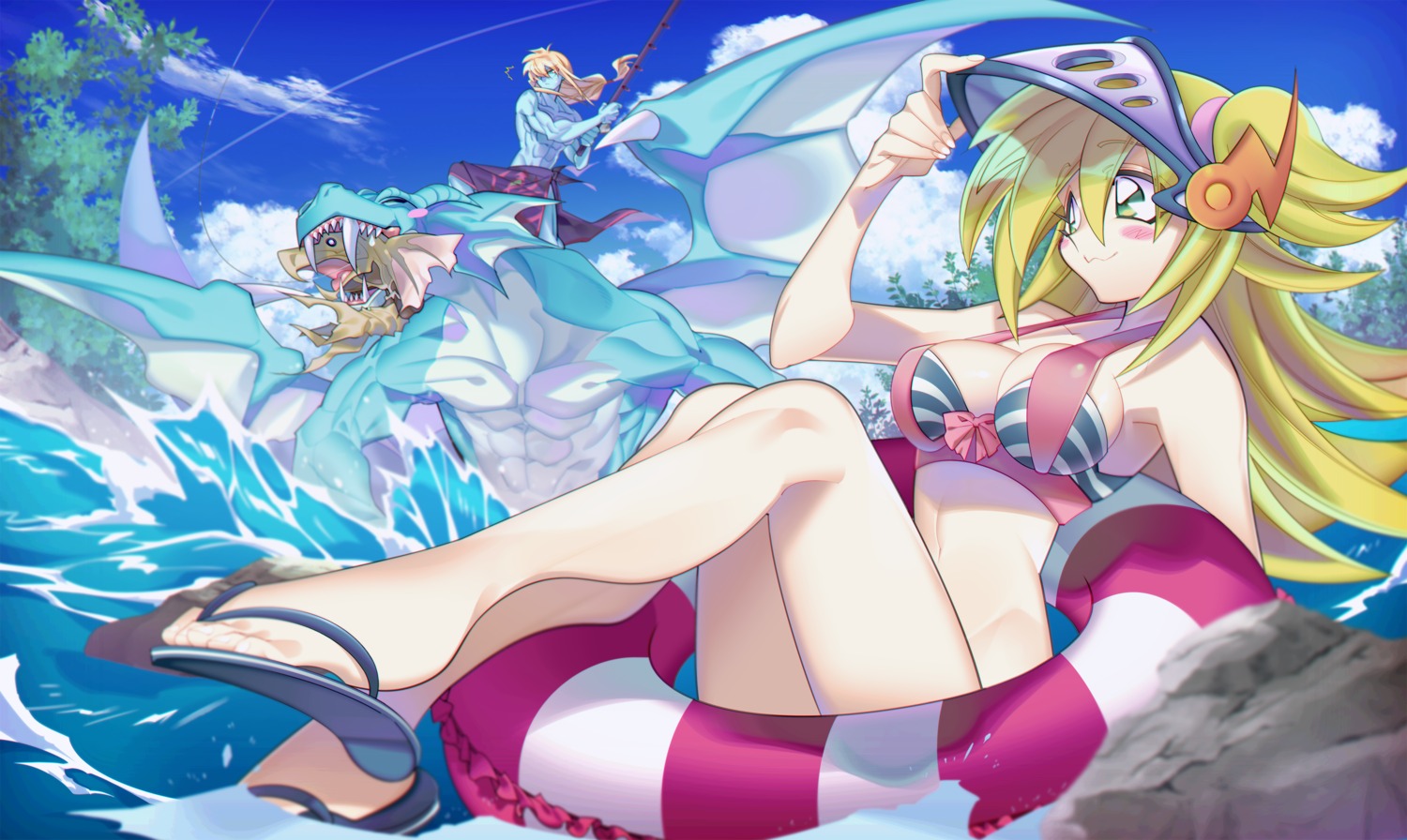 bikini, dark_magician, dark_magician_girl, misaka_(missa), monster, swimsuits, wet, yugioh