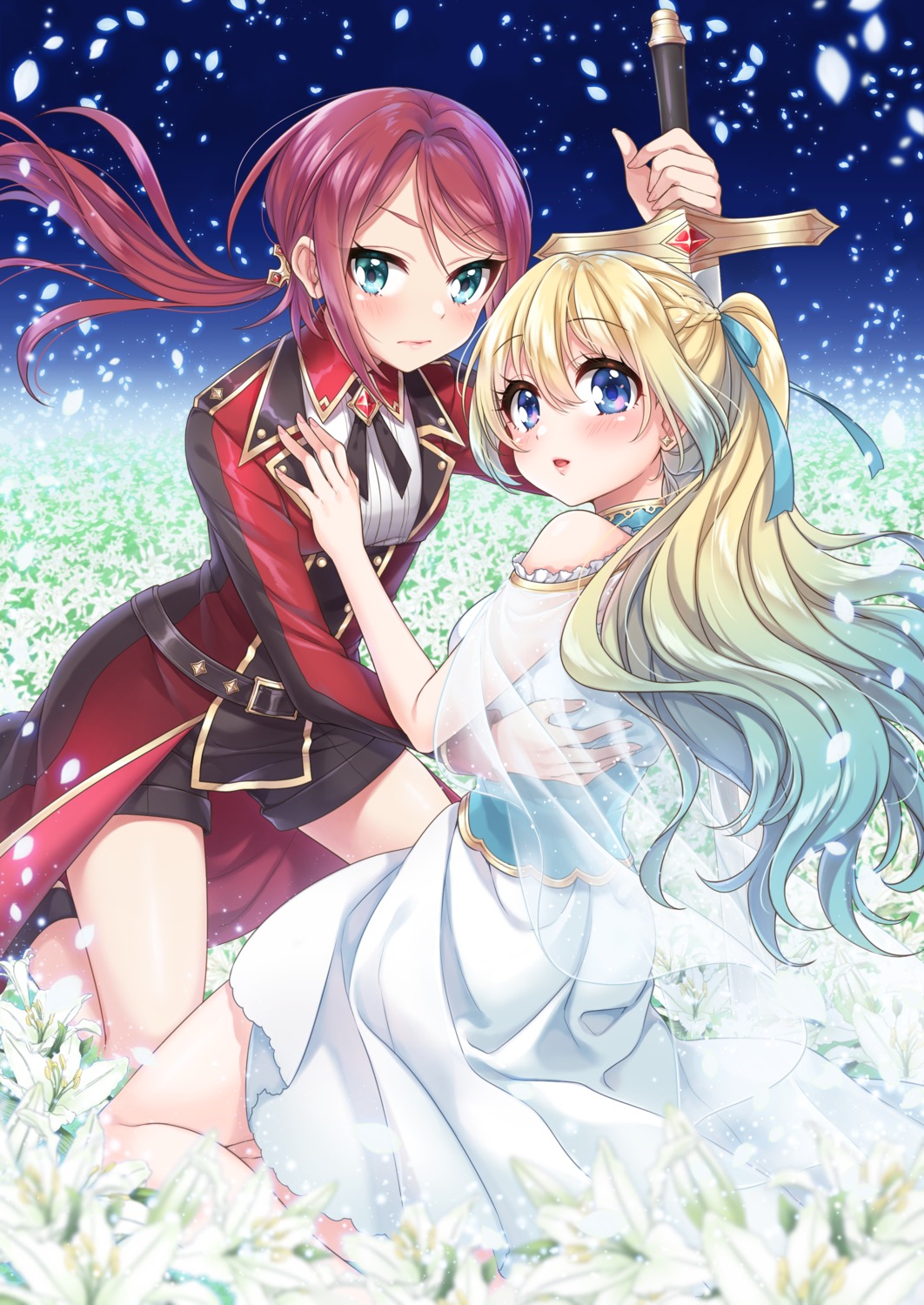 dress, mono-land, see_through, sword, yuri