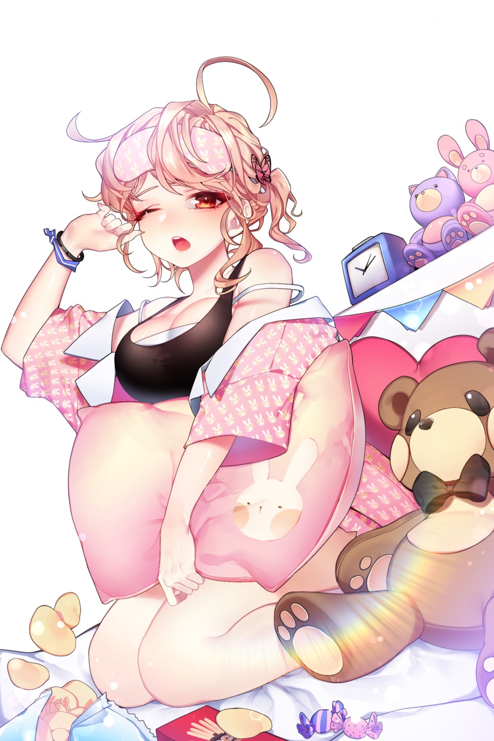 bra, cleavage, hamu_(ham), open_shirt, pajama