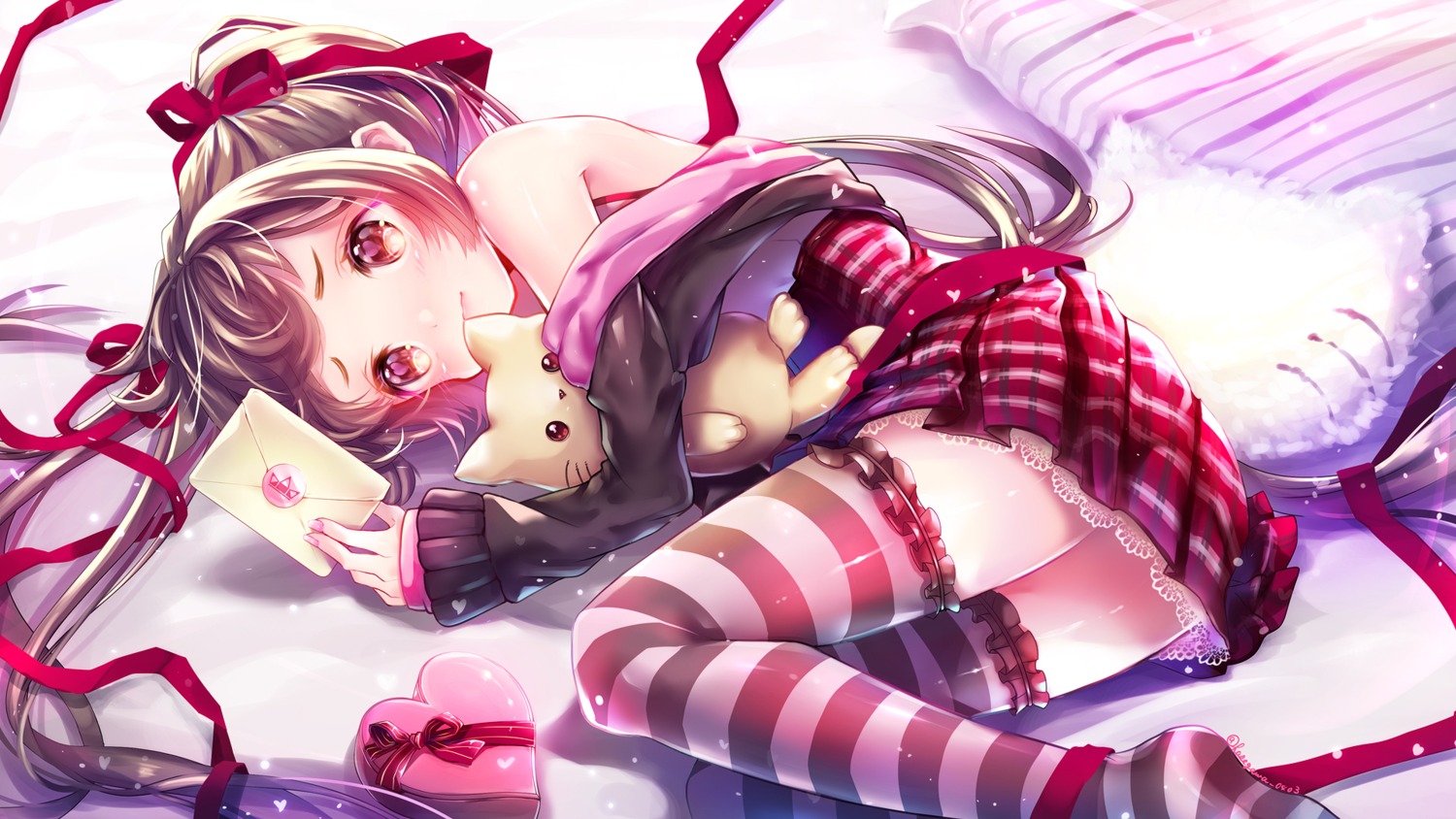 hane_segawa, open_shirt, thighhighs, valentine, wallpaper