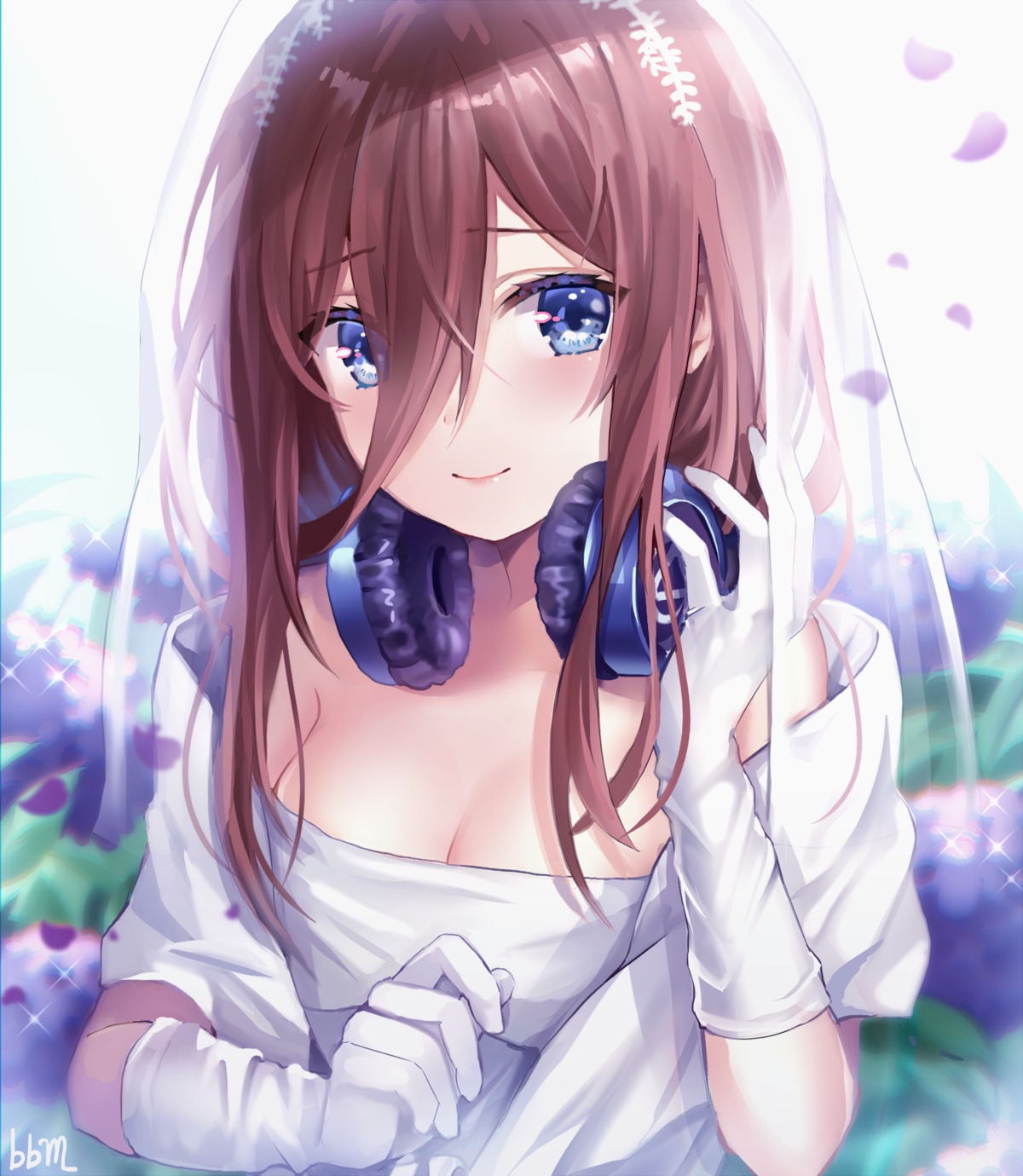 5-toubun_no_hanayome, blue_blood_moon, cleavage, dress, headphones, nakano_miku, wedding_dress