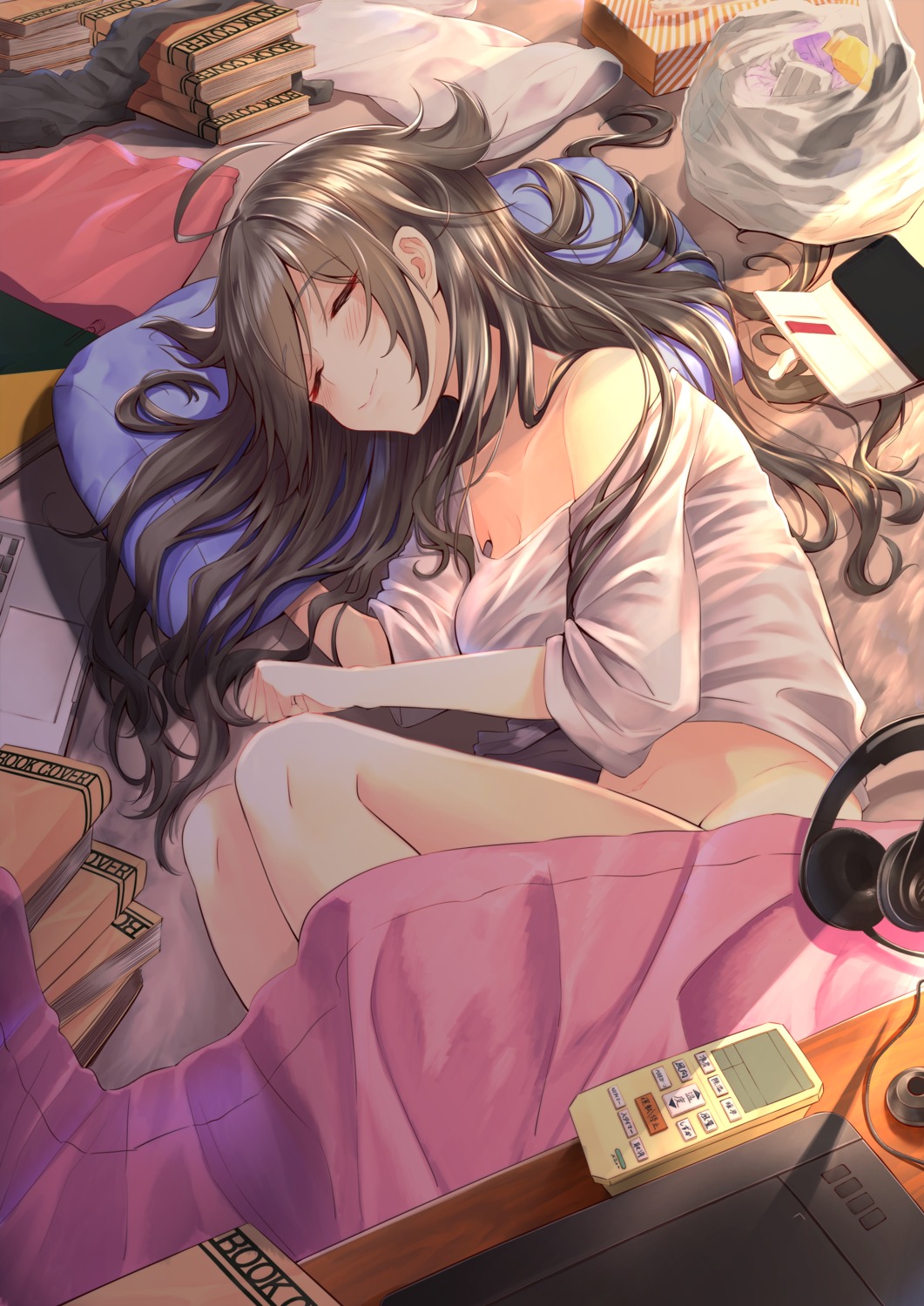 bottomless, cleavage, megurumiru, no_bra, sheets