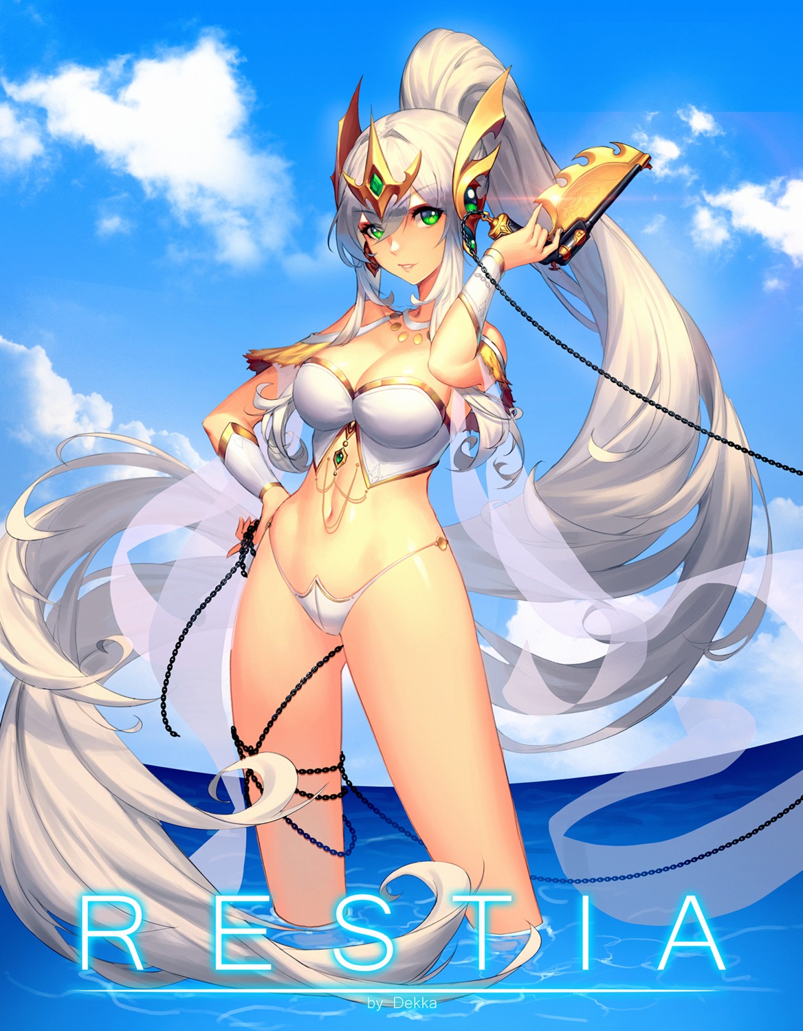 bikini_armor, cleavage, dekka, dungeon_fighter, gun, wet
