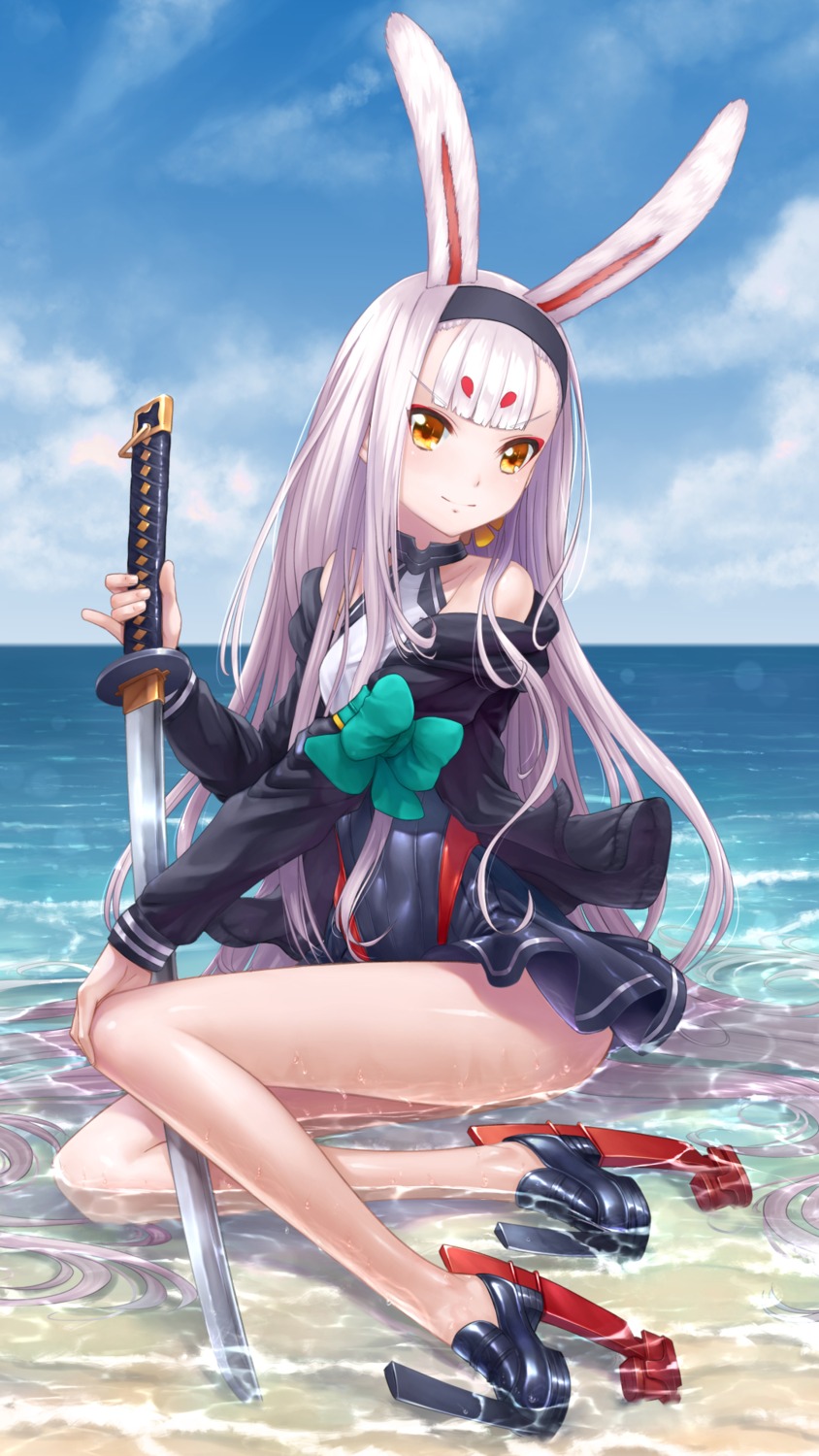 animal_ears, azur_lane, azur_lane_crosswave, bunny_ears, ml.e, shimakaze_(azur_lane), swimsuits, sword, wet