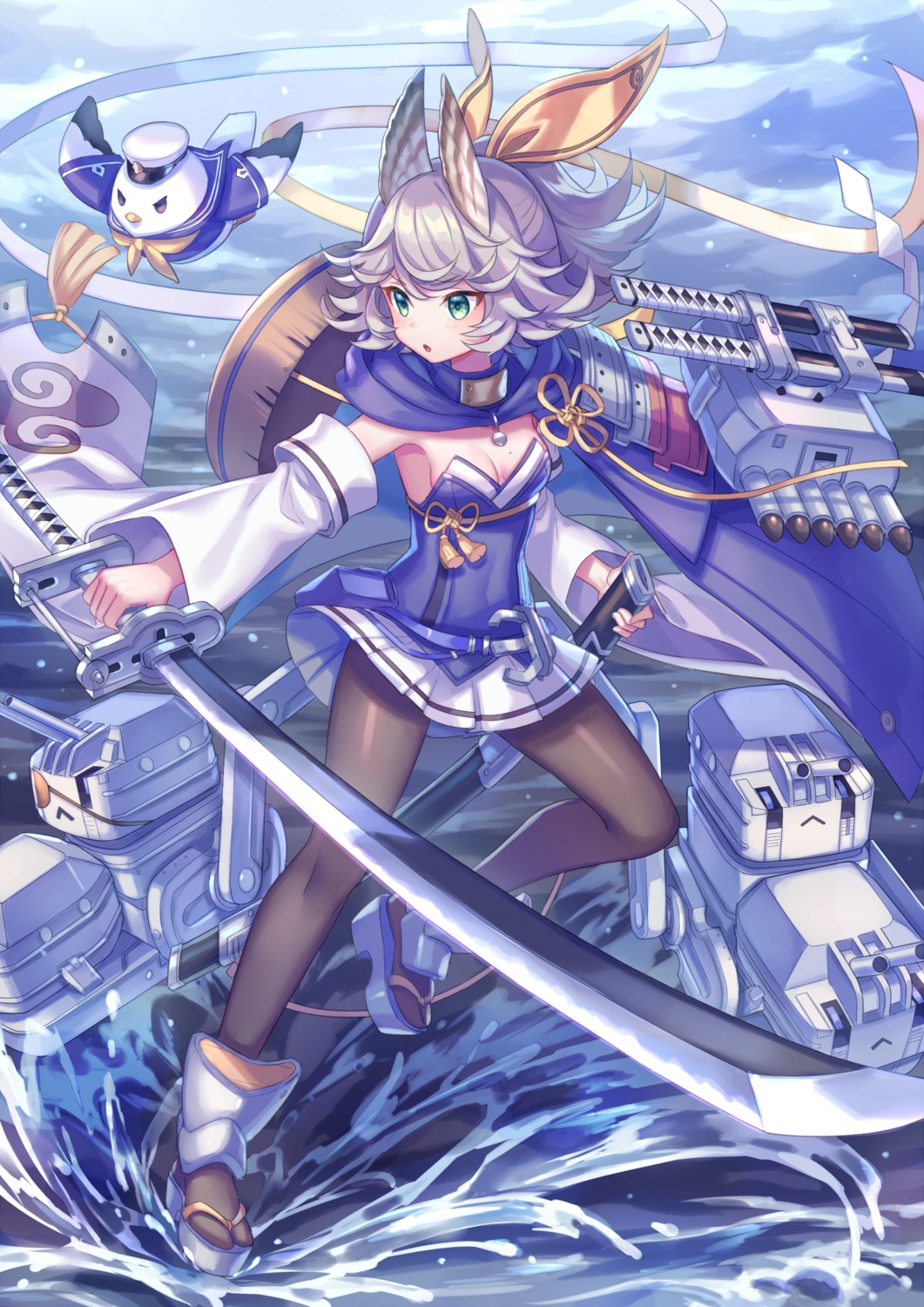 azur_lane, cleavage, kitakaze_(azur_lane), pantyhose, skirt_lift, sword, zoff_(daria)