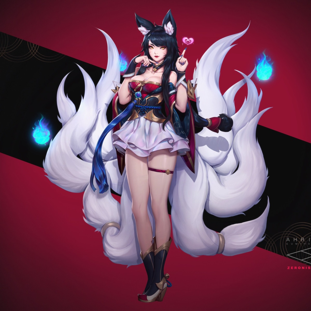 ahri, animal_ears, cleavage, garter, heels, league_of_legends, tail, zeronis