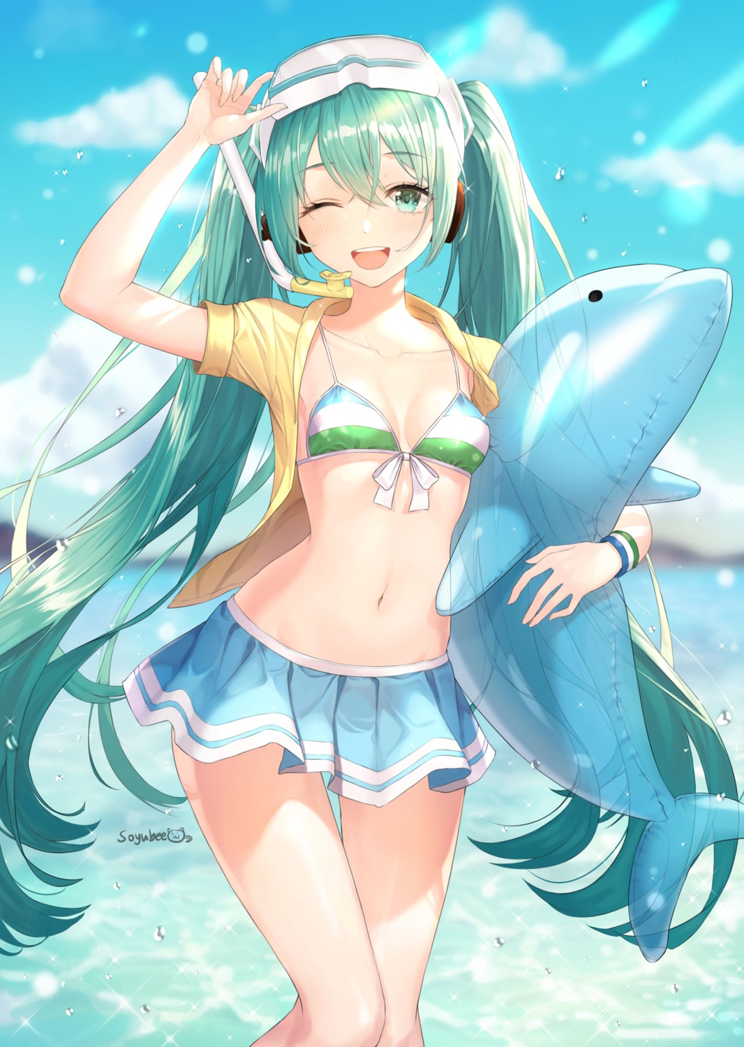 bikini_top, cleavage, hatsune_miku, open_shirt, soyubee, swimsuits, vocaloid
