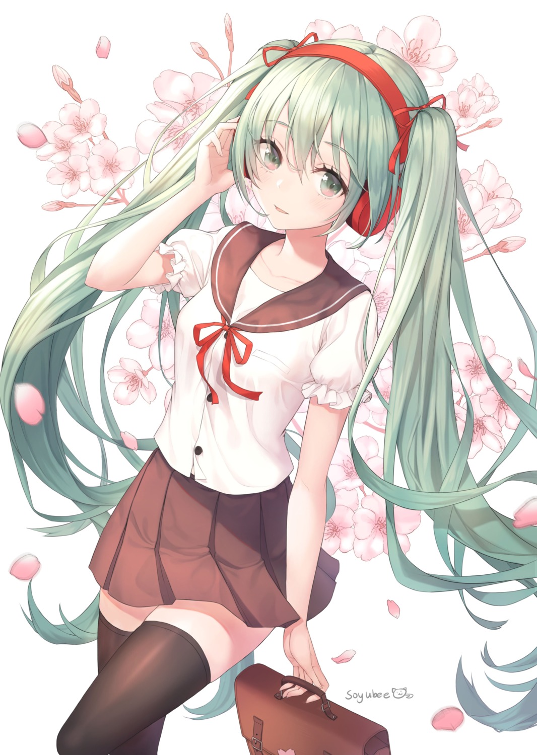 hatsune_miku, headphones, seifuku, soyubee, thighhighs, vocaloid