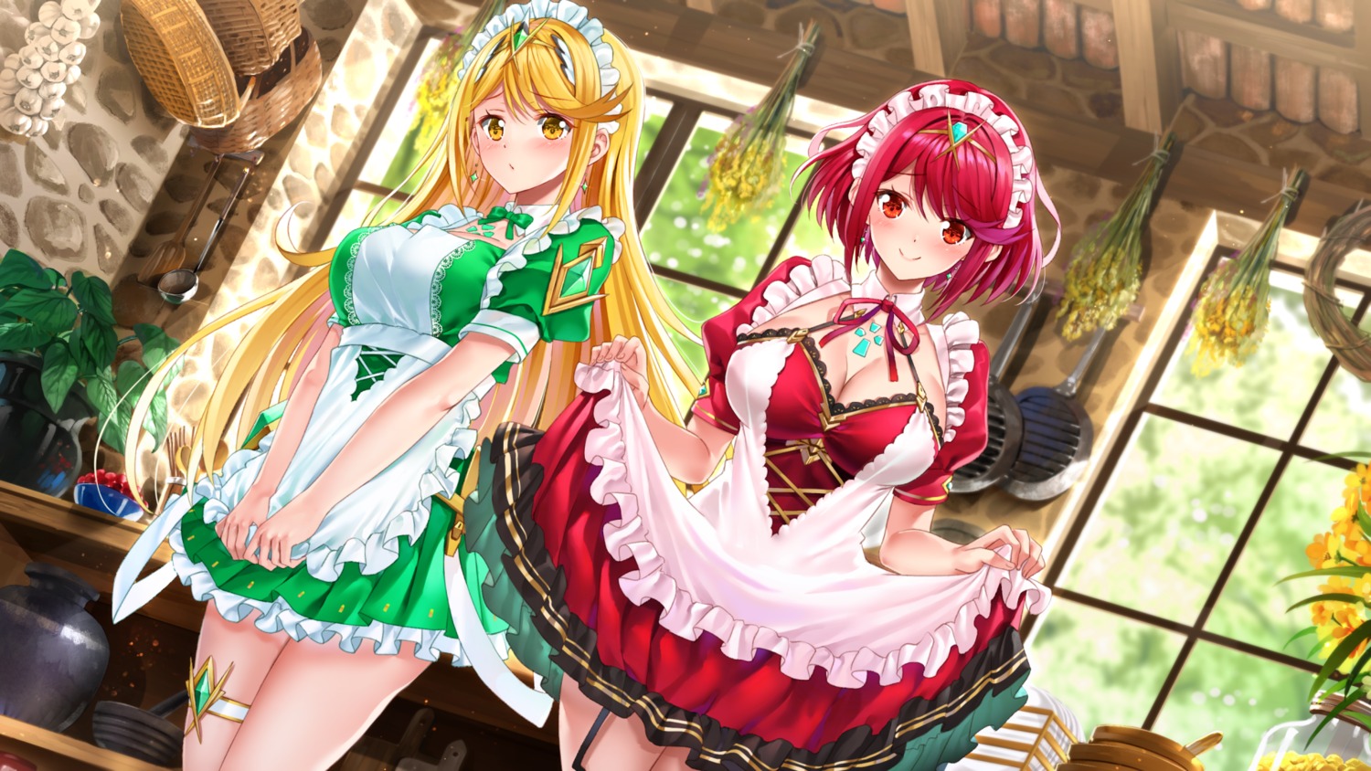 cleavage, garter, hikari_(xenoblade_2), homura_(xenoblade_2), maid, skirt_lift, swordsouls, wallpaper