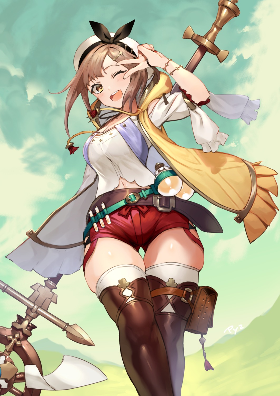 atelier, atelier_ryza, cleavage, pyz, reisalin_stout, thighhighs, weapon