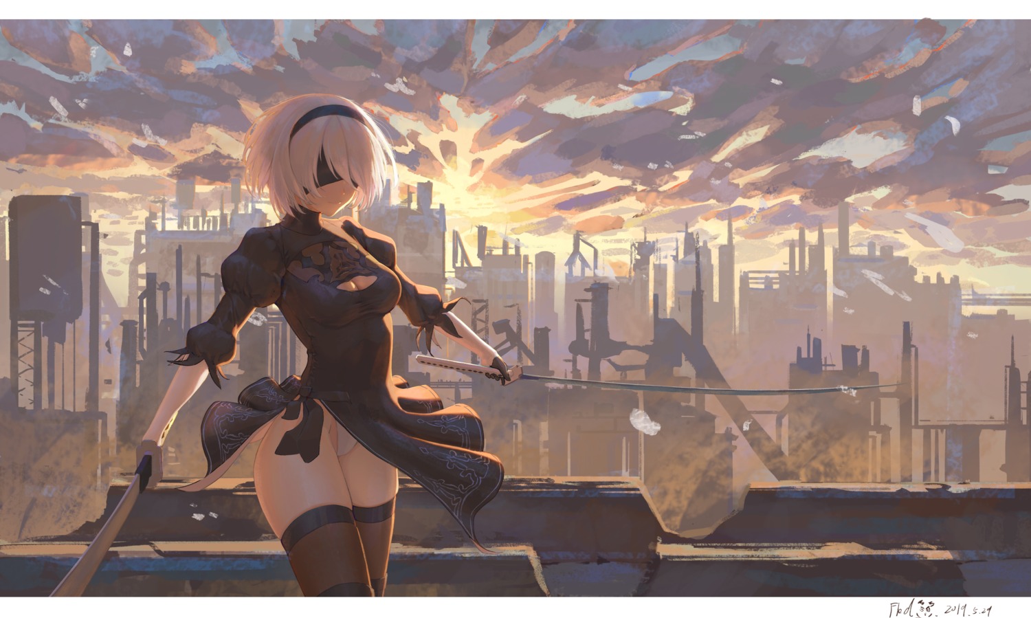 cleavage, dress, fled, landscape, nier, nier_automata, pantsu, skirt_lift, sword, thighhighs, yorha_no.2_type_b