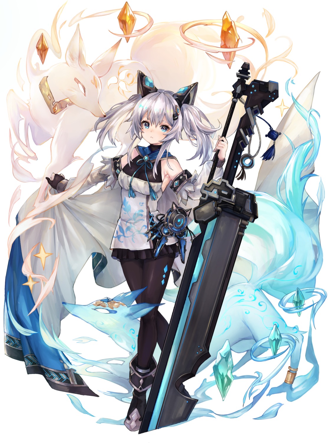 animal_ears, asian_clothes, pantyhose, ryuuji_teitoku, sword