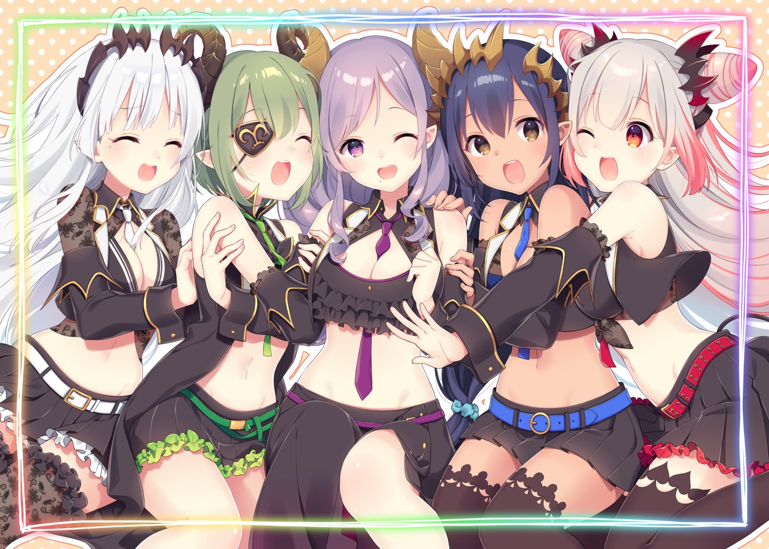cleavage, eyepatch, honey_strap, horns, nagino_shizuku, nanashi_inc., pointy_ears, saionji_mary, sekishiro_mico, shimamura_charlotte, sougetsu_eli, suou_patra, tail, thighhighs