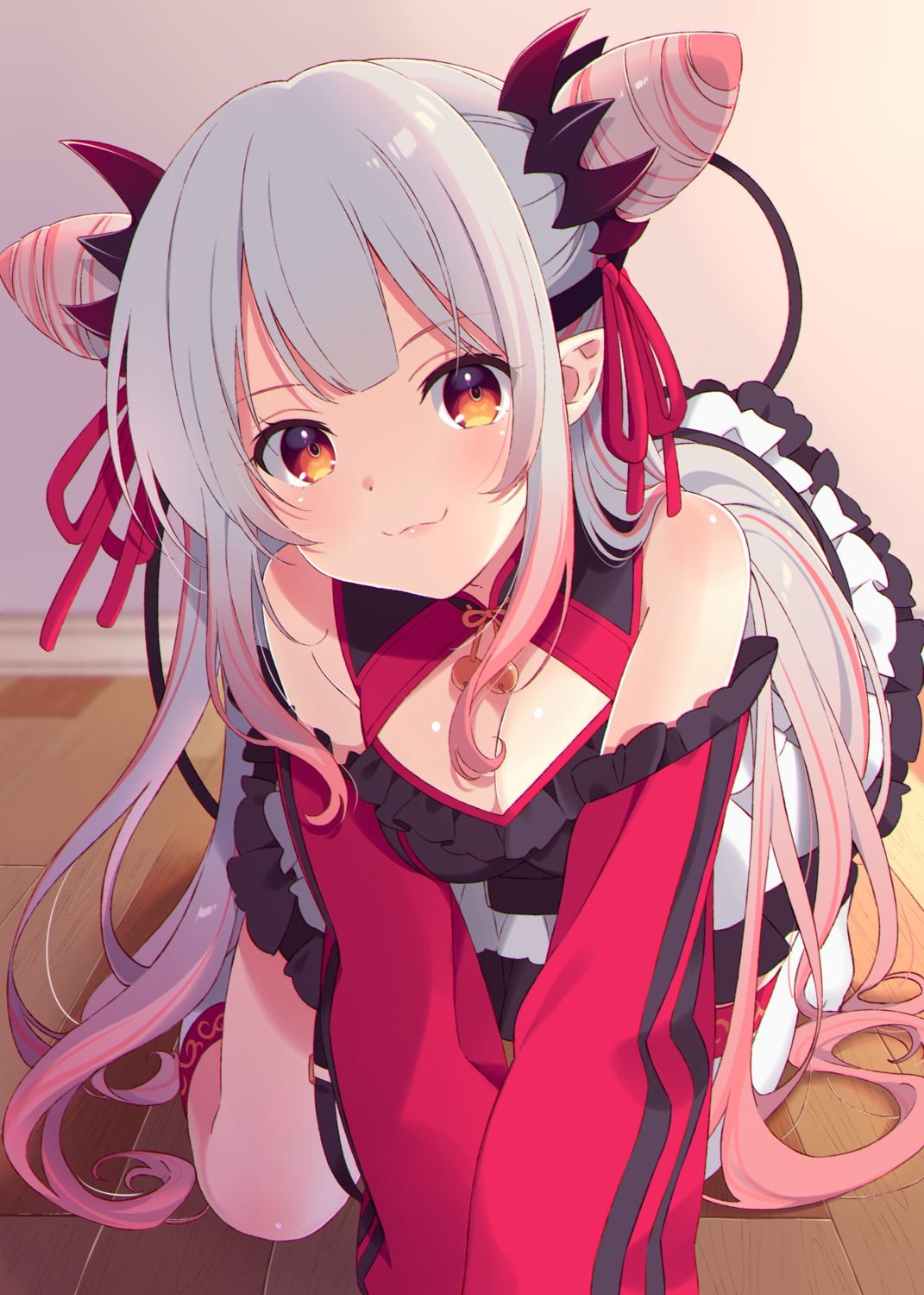 asian_clothes, cleavage, honey_strap, nagino_shizuku, nanashi_inc., pointy_ears, suou_patra, tail, thighhighs