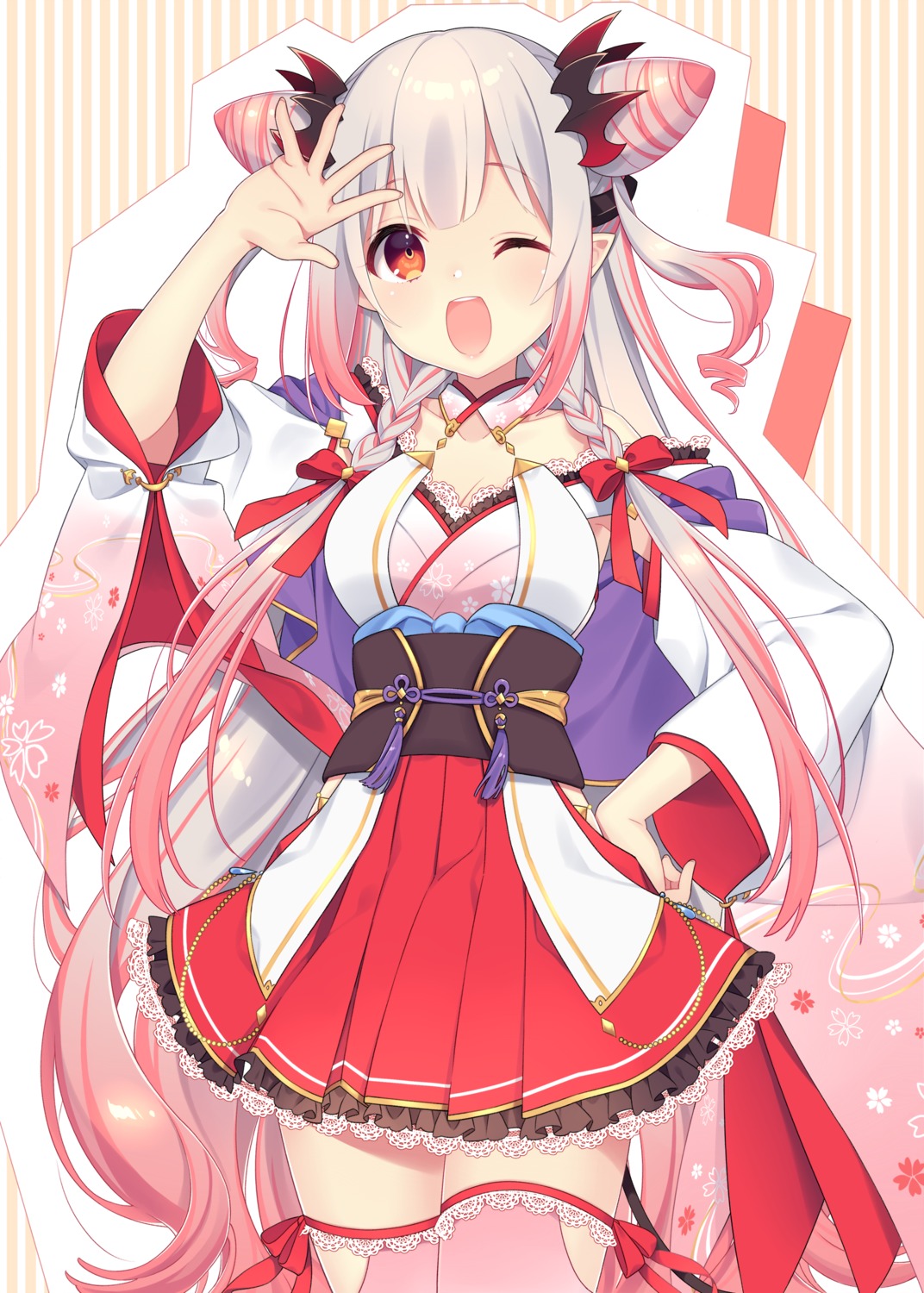 cleavage, honey_strap, lolita_fashion, nagino_shizuku, nanashi_inc., pointy_ears, suou_patra, tail, thighhighs, wa_lolita